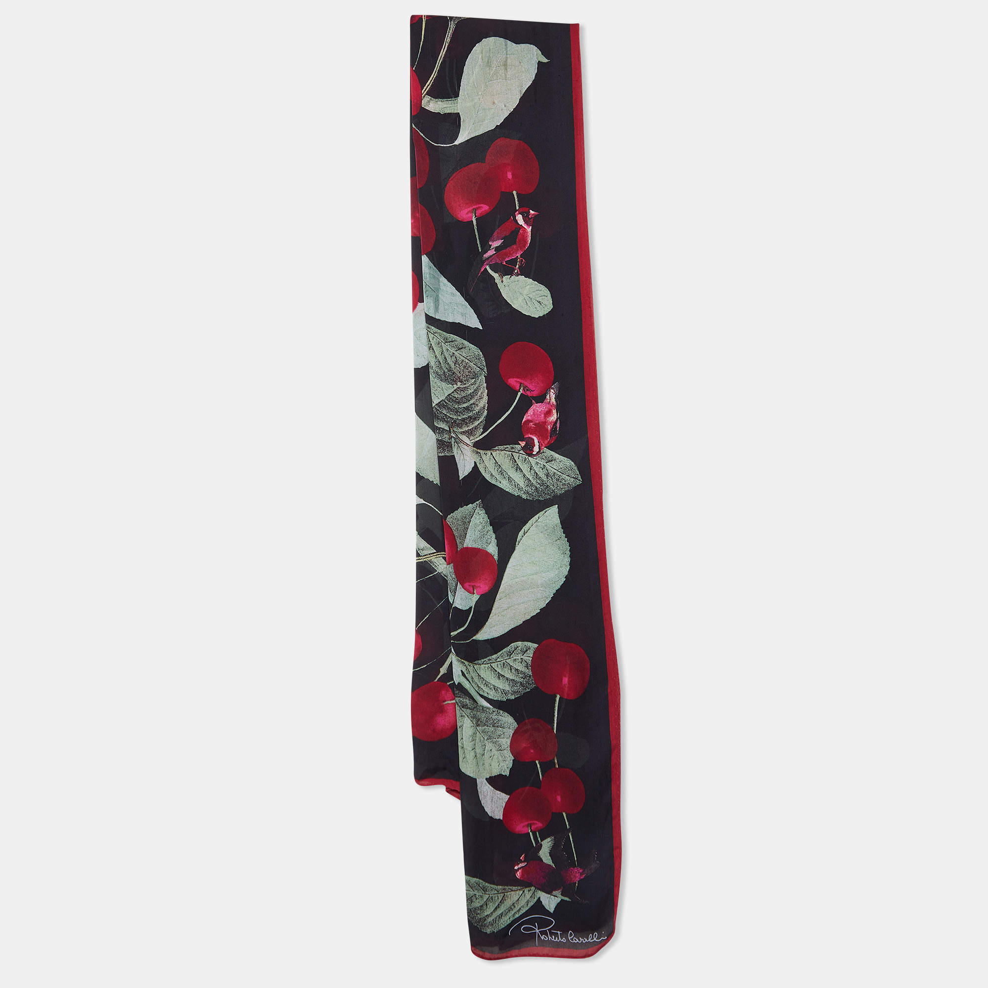 Pre Owned Roberto Cavalli Black Bird Cherry Print Silk Stole