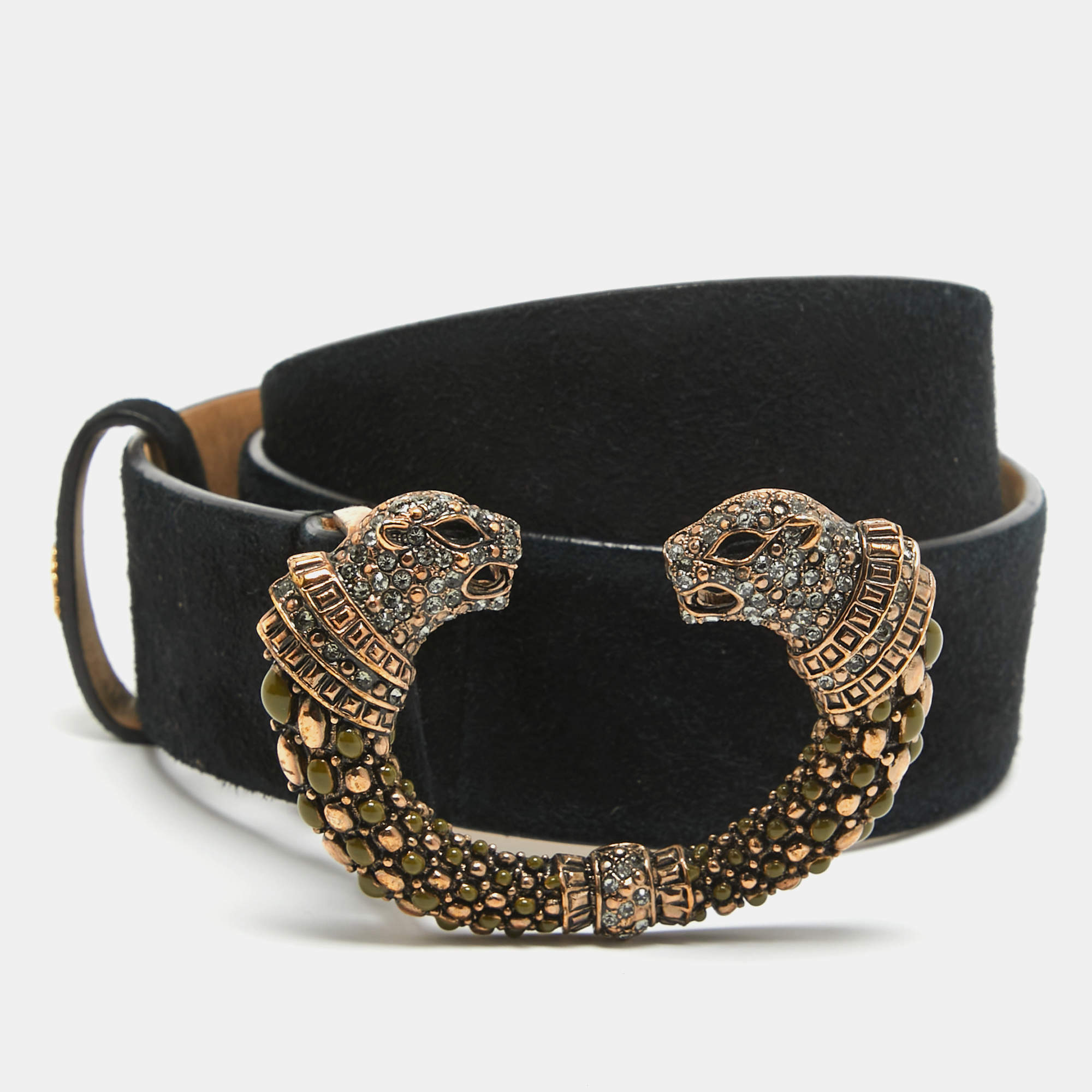 Pre Owned Roberto Cavalli Black Suede Crystal Embellished Panther Head Buckle Belt 85CM
