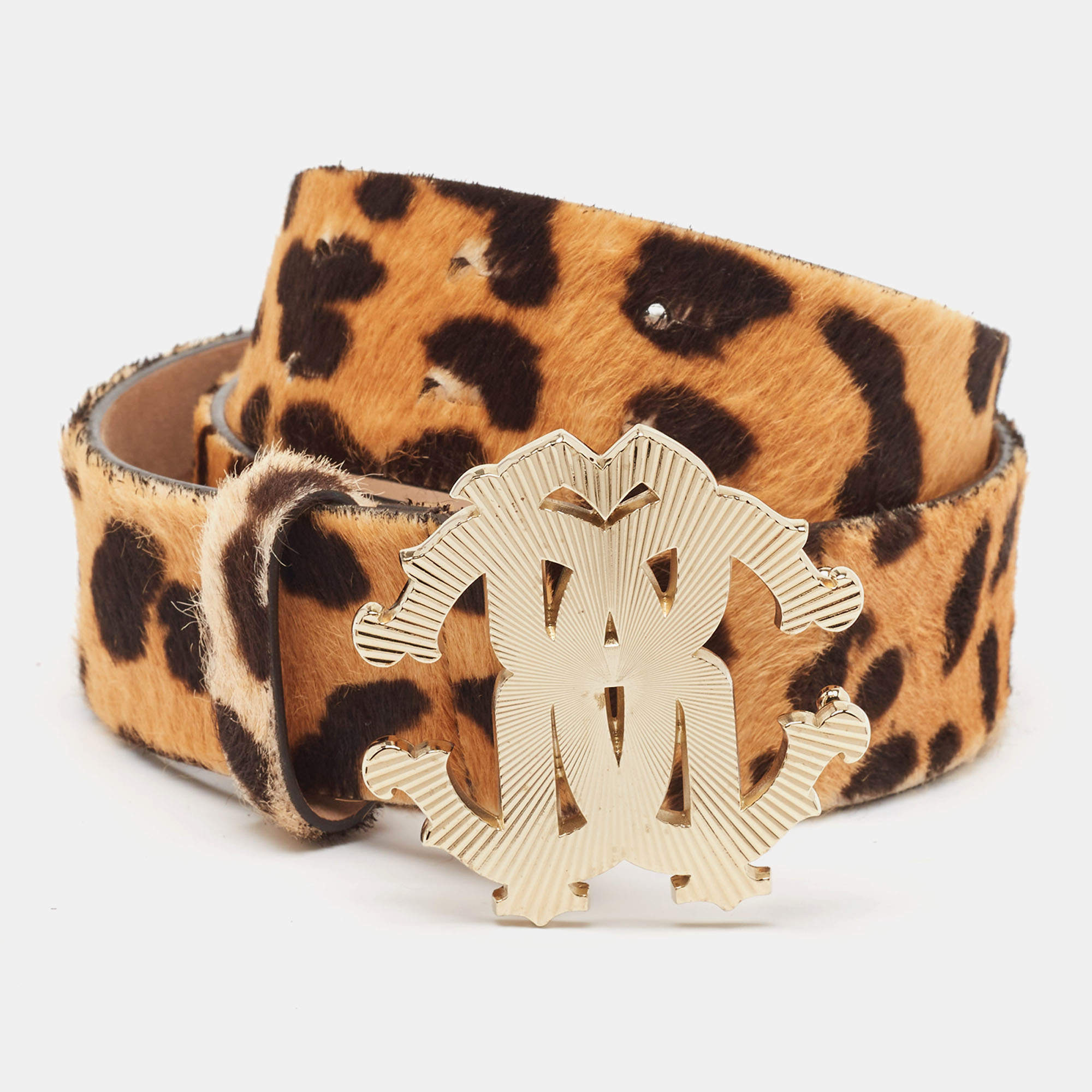 Pre Owned Roberto Cavalli Beige Leopard Print Calfhair RC Logo Belt 80CM