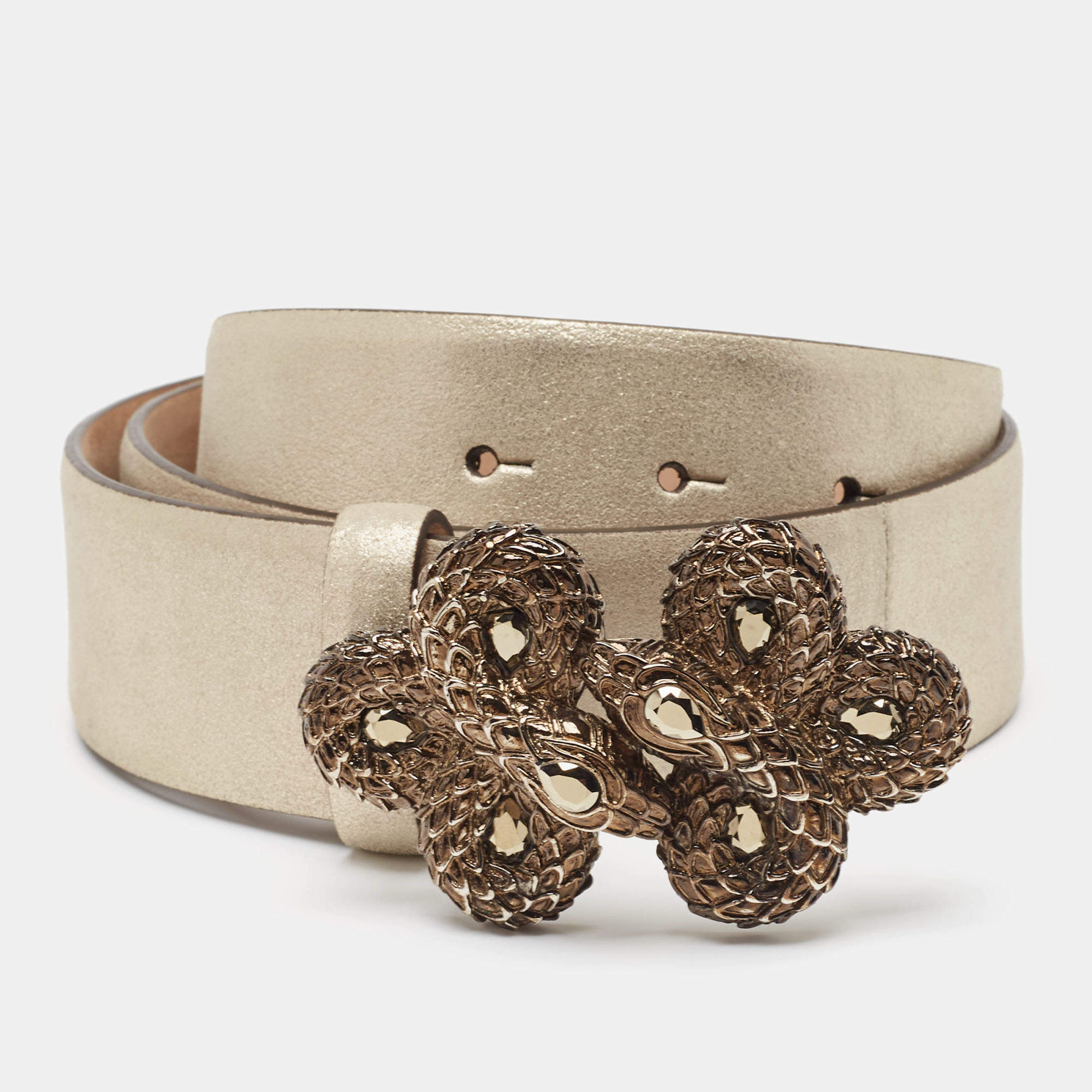 Pre Owned Roberto Cavalli Gold Nubuck Leather Crystals Embellished Snake Buckle Belt 85CM