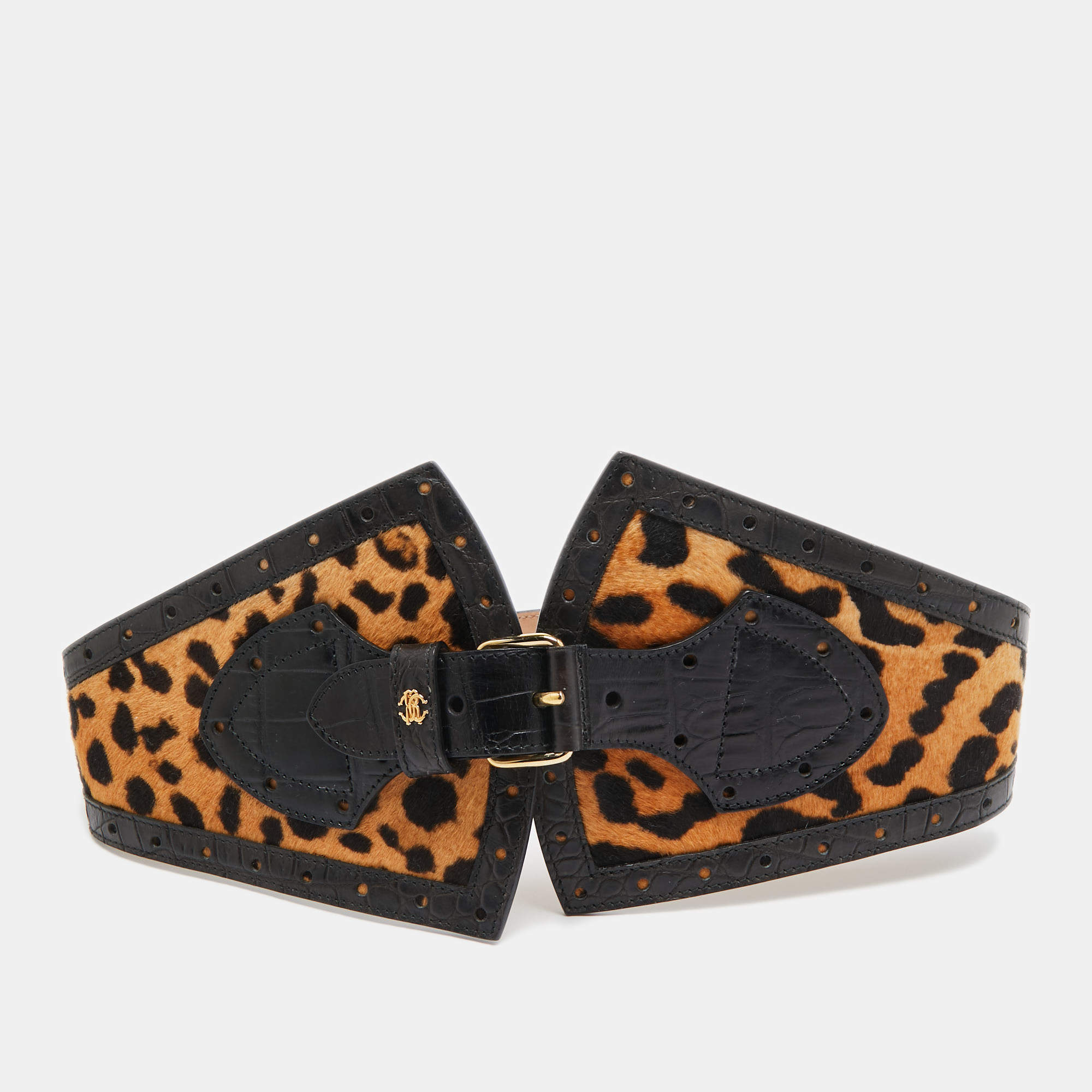 Pre Owned Roberto Cavalli Brown/Black Leopard Calfhair and Croc Embossed Leather Wide Buckle Belt 75CM