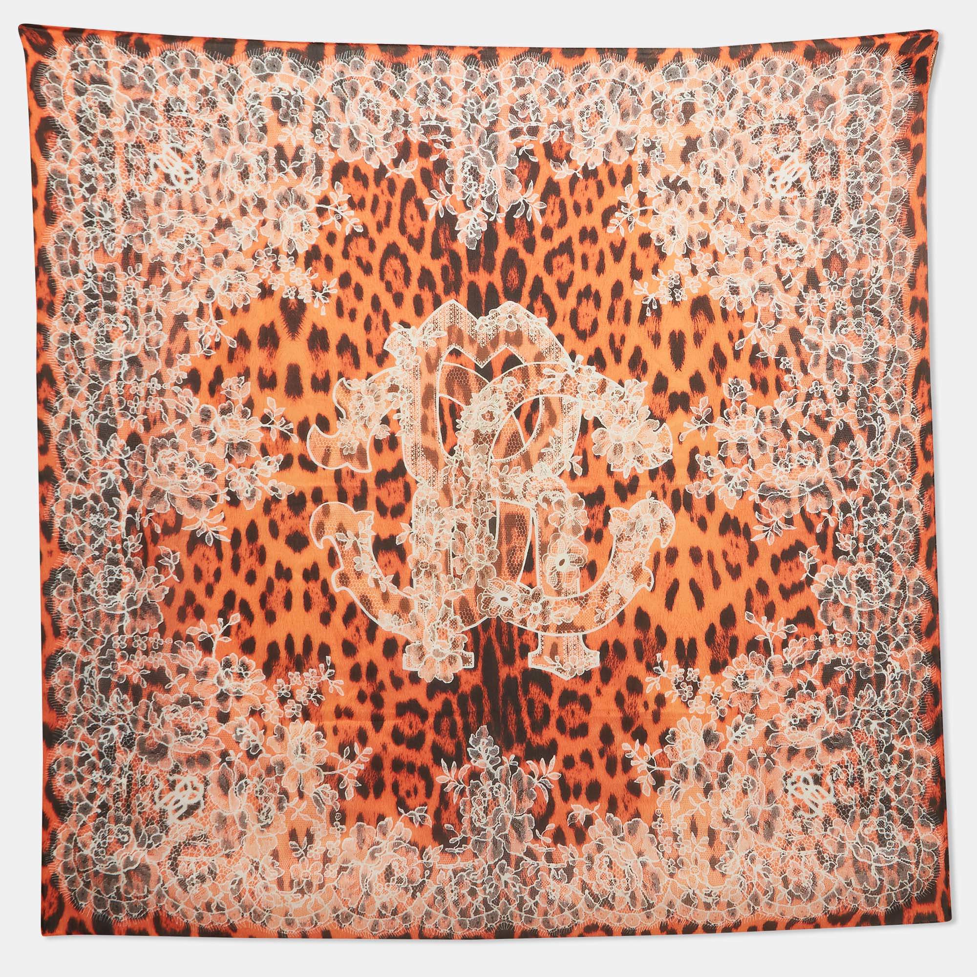 Pre Owned Roberto Cavalli Orange Animal and Floral Lace Print Silk Scarf