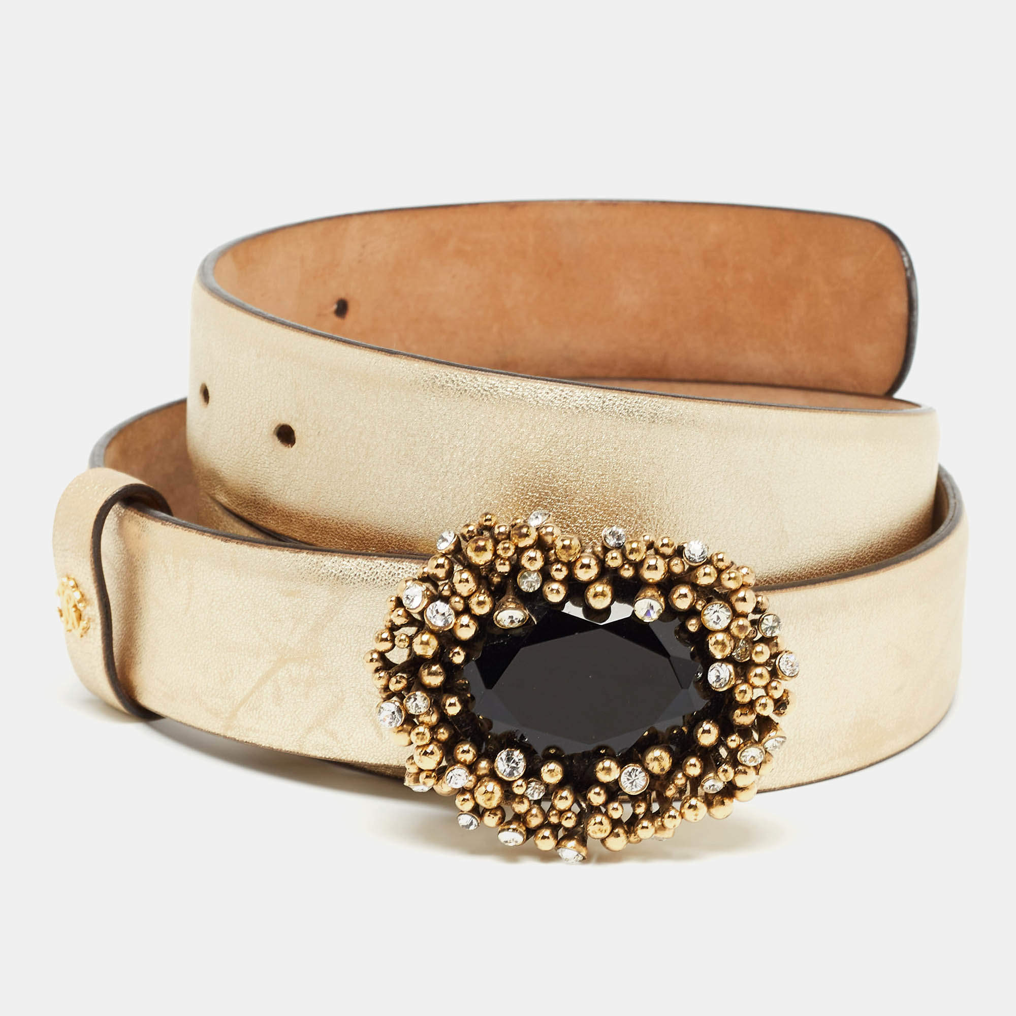 Pre Owned Roberto Cavalli Gold Leather Crystal Embellished Buckle Belt 100 CM