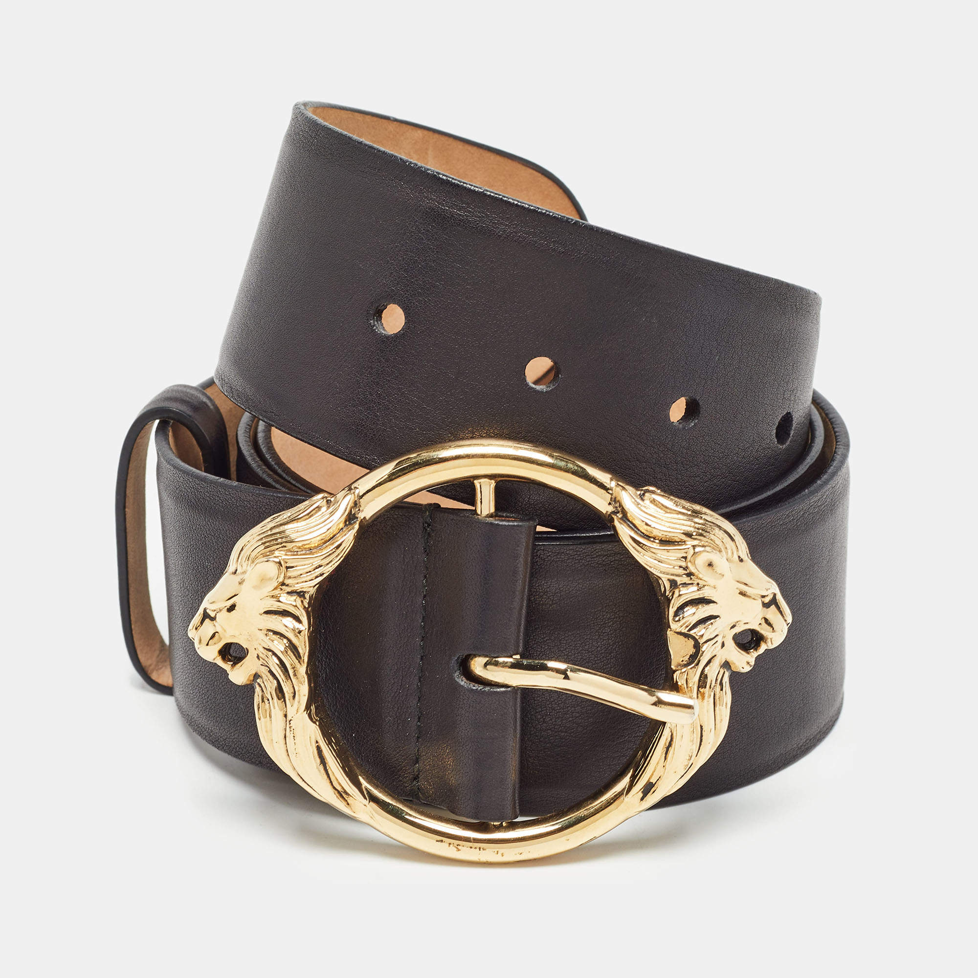 Pre Owned Roberto Cavalli Black Leather Metal Double Lion Head Belt 95CM
