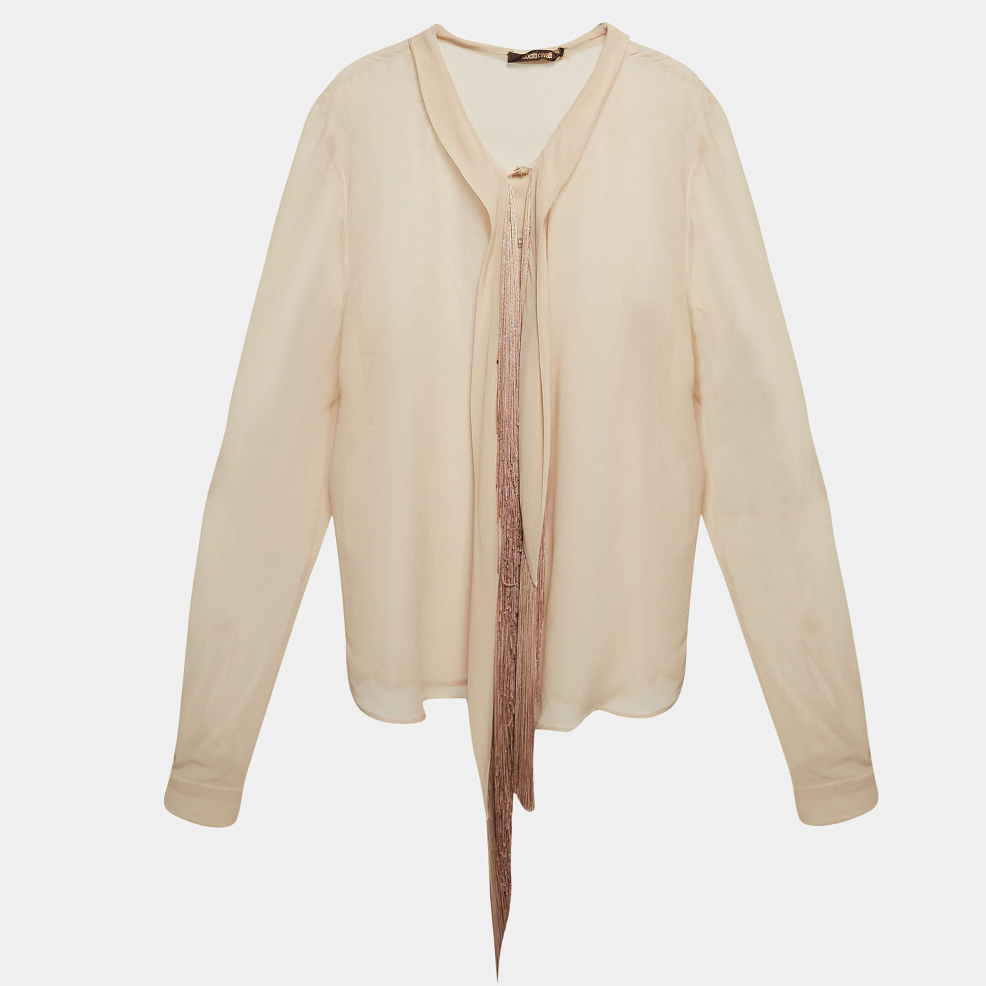 Pre Owned Roberto Cavalli Beige Silk Fringed Shirt L