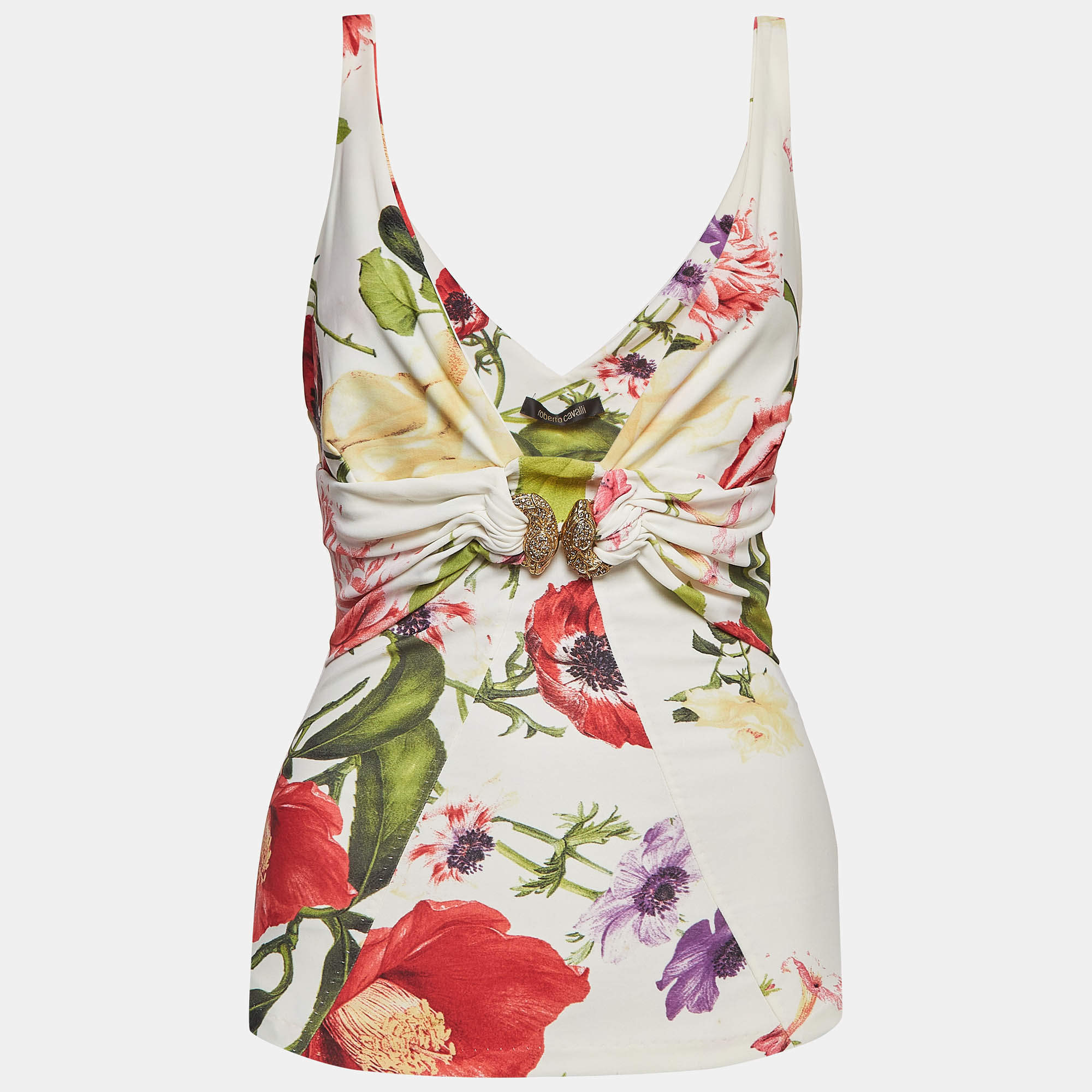 Pre Owned Roberto Cavalli Cream Floral Printed Jersey Embellished Top M