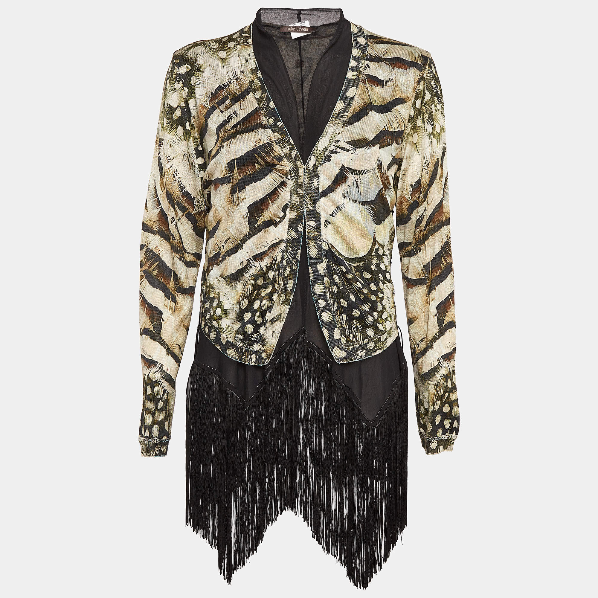 Pre Owned Roberto Cavalli Green/Black Printed Knit and Silk Tassels Cardigan 