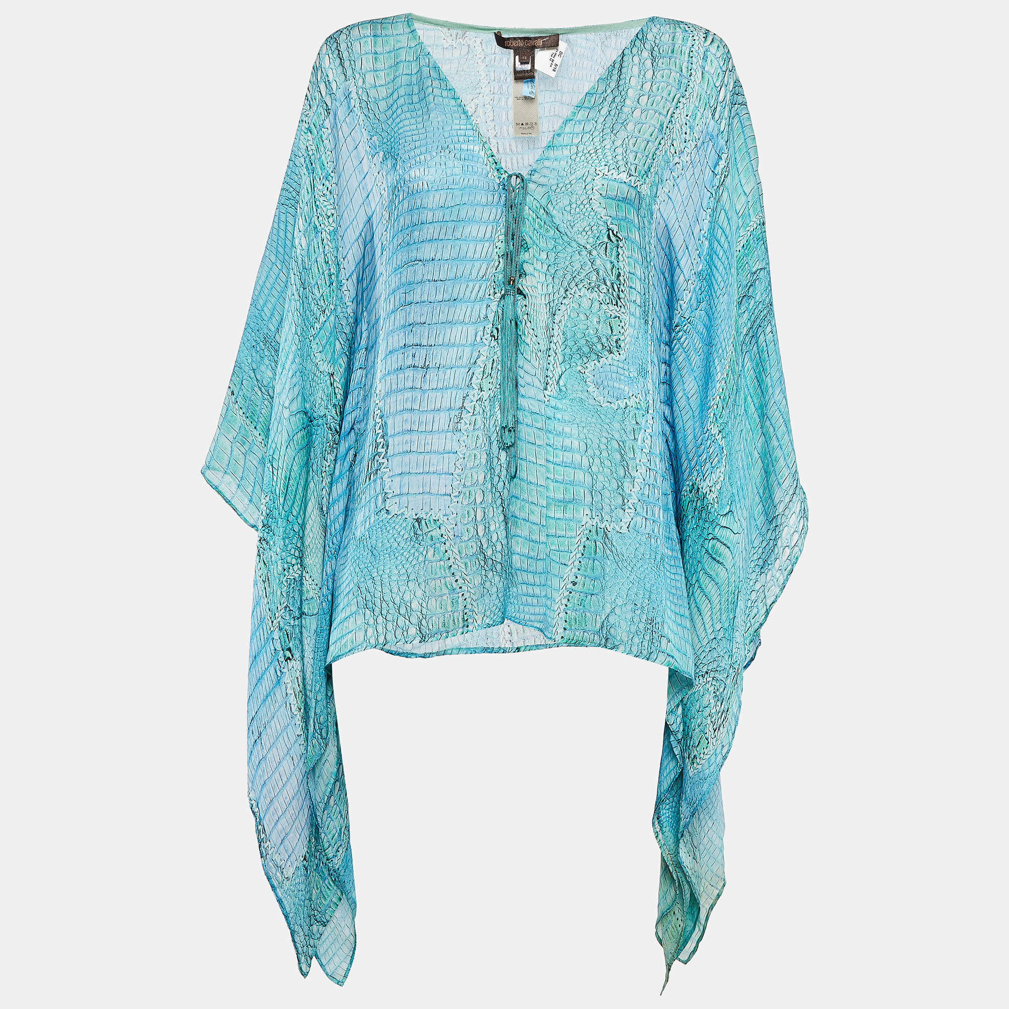 Pre Owned Roberto Cavalli Blue Snake Print Silk Lace-Up Neck Kaftan Top M