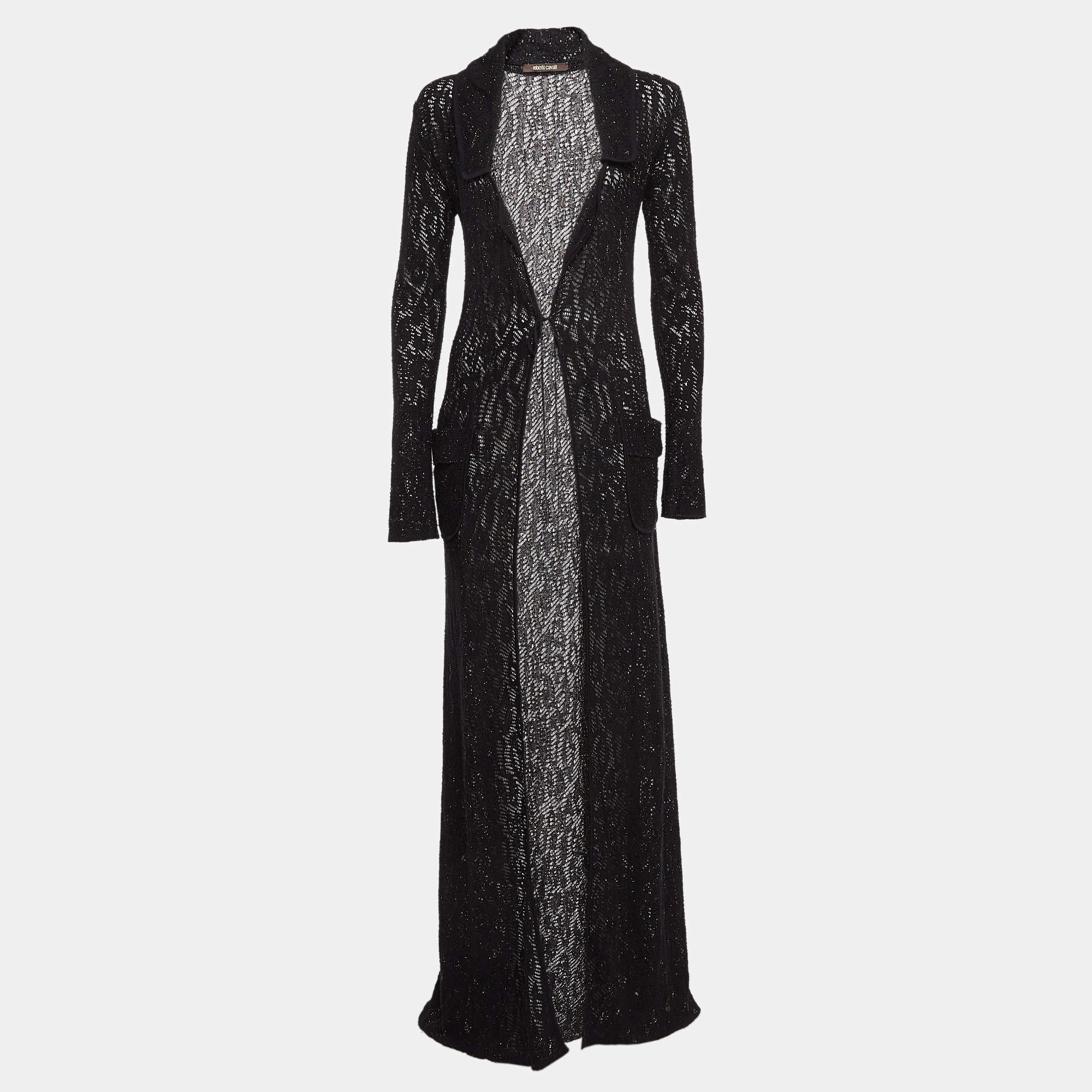 Pre Owned Roberto Cavalli Black Lurex Knit Sheer Long Cardigan S