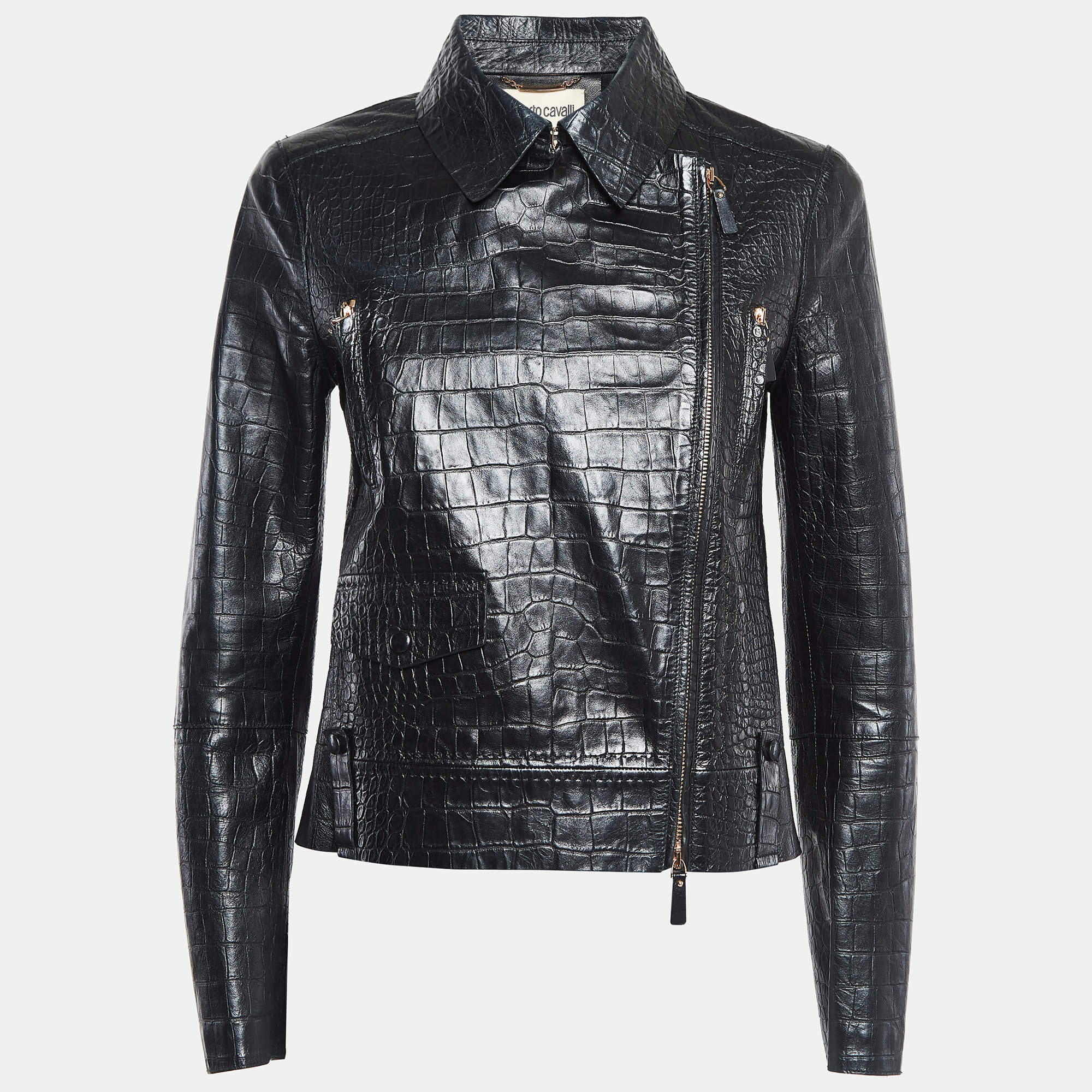 Pre Owned Roberto Cavalli Black Reptile Embossed Leather Biker Jacket S