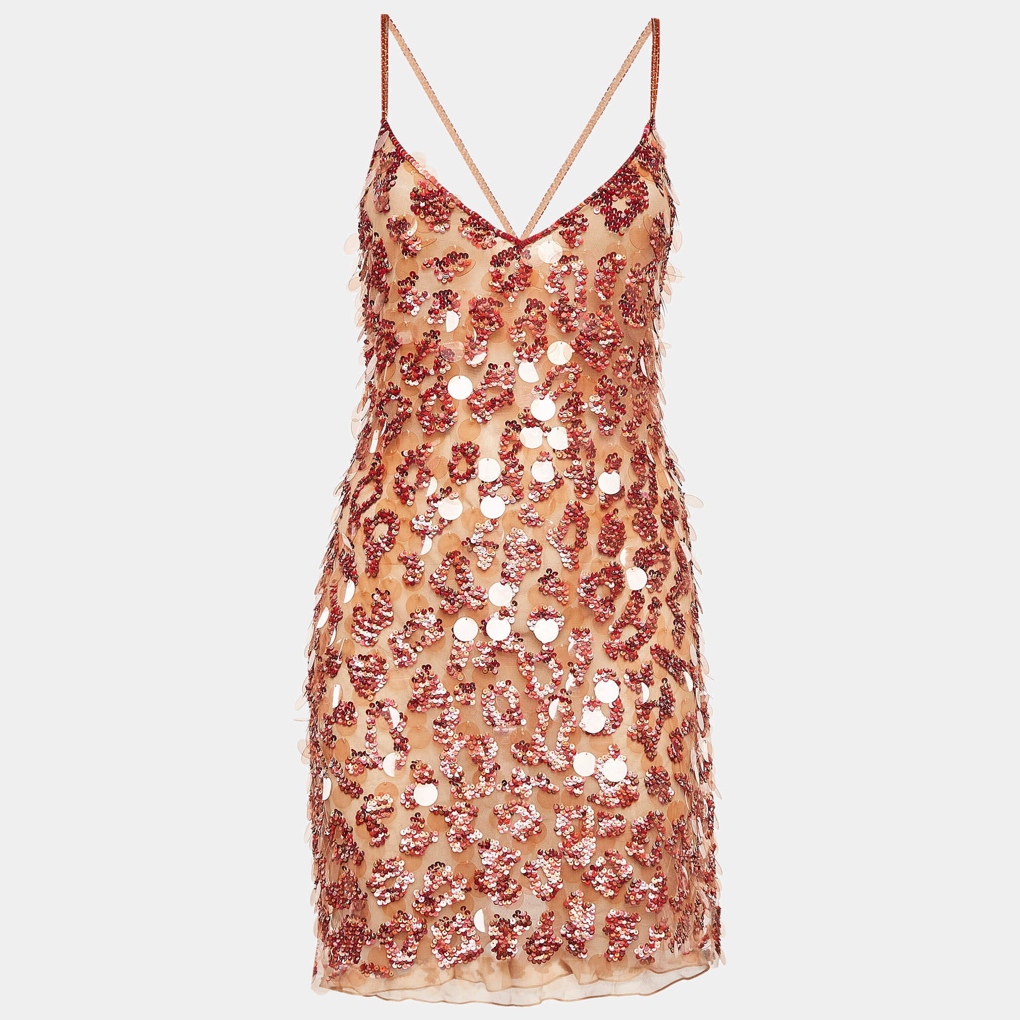 Pre Owned Roberto Cavalli Coral Beige Sequin Mini Dress M