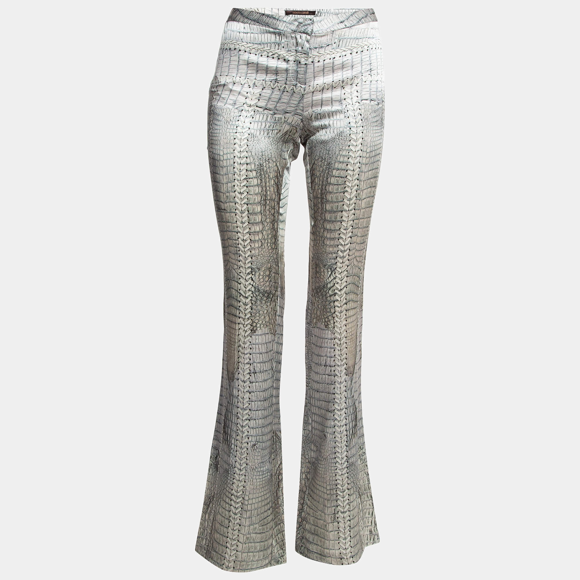Pre Owned Roberto Cavalli Grey Snake Print Satin Silk Wide-Leg Trousers M