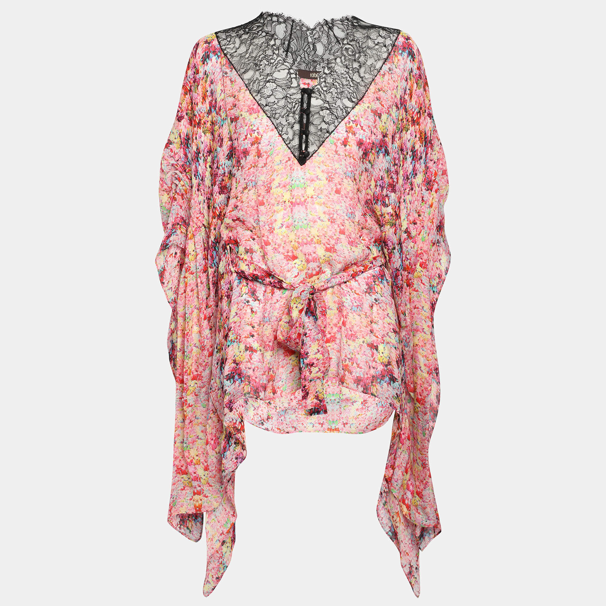 Pre Owned Roberto Cavalli Multicolor Silk and Lace Kaftan Top M