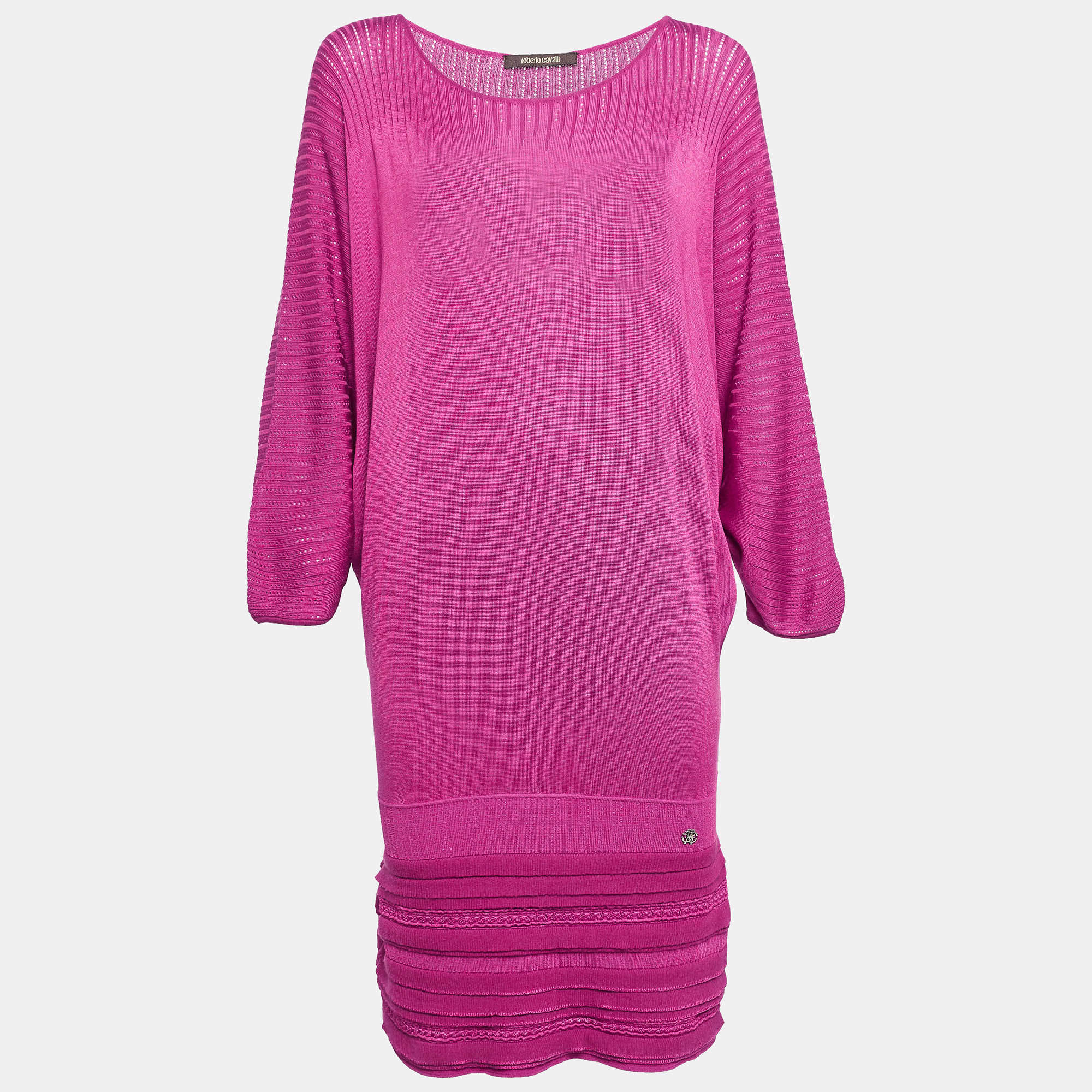 Pre Owned Roberto Cavalli Pink Pointelle Knit Dolman Sleeve Mini Dress M