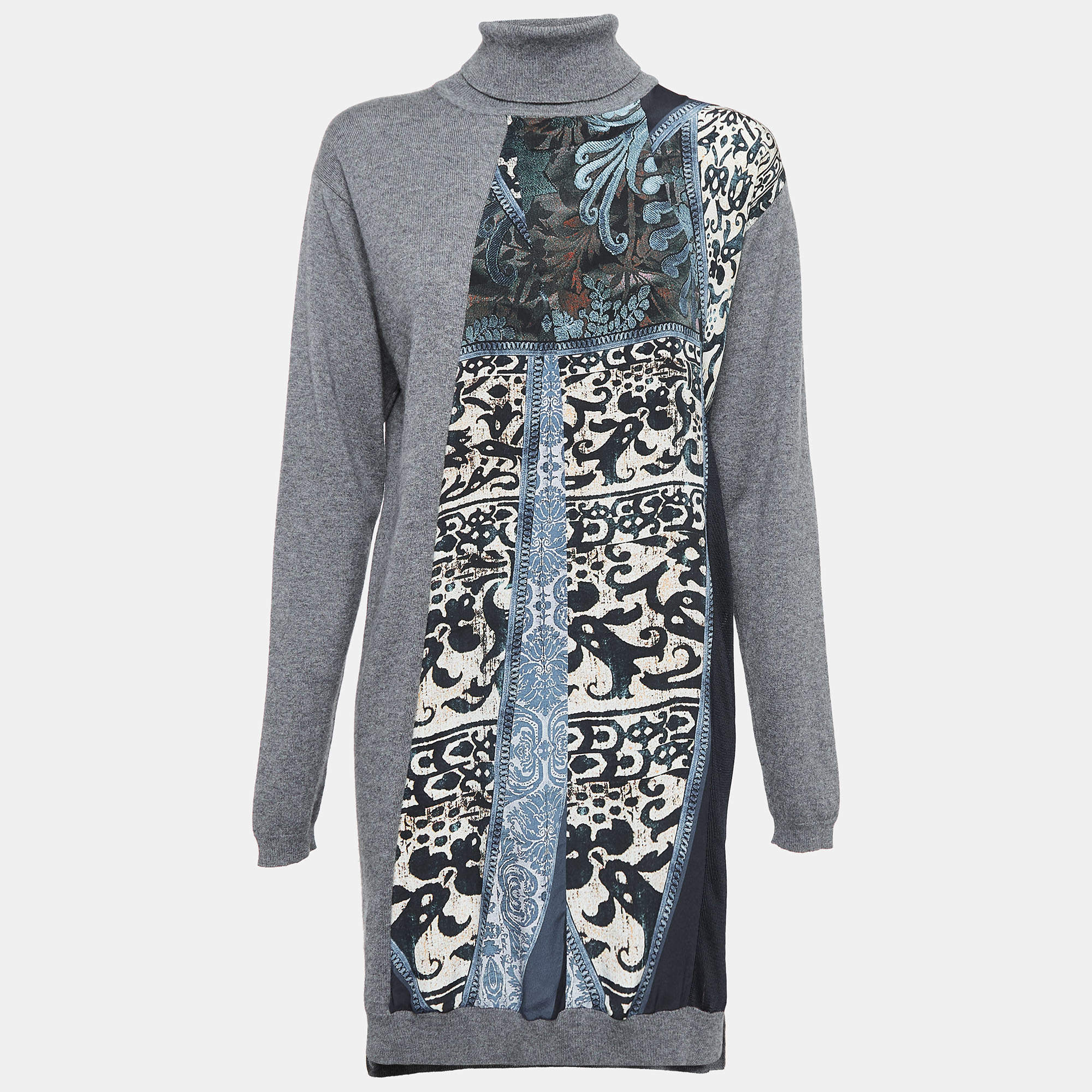 Pre Owned Roberto Cavalli Grey Printed Silk and Knit Turtle Neck Short Dress M