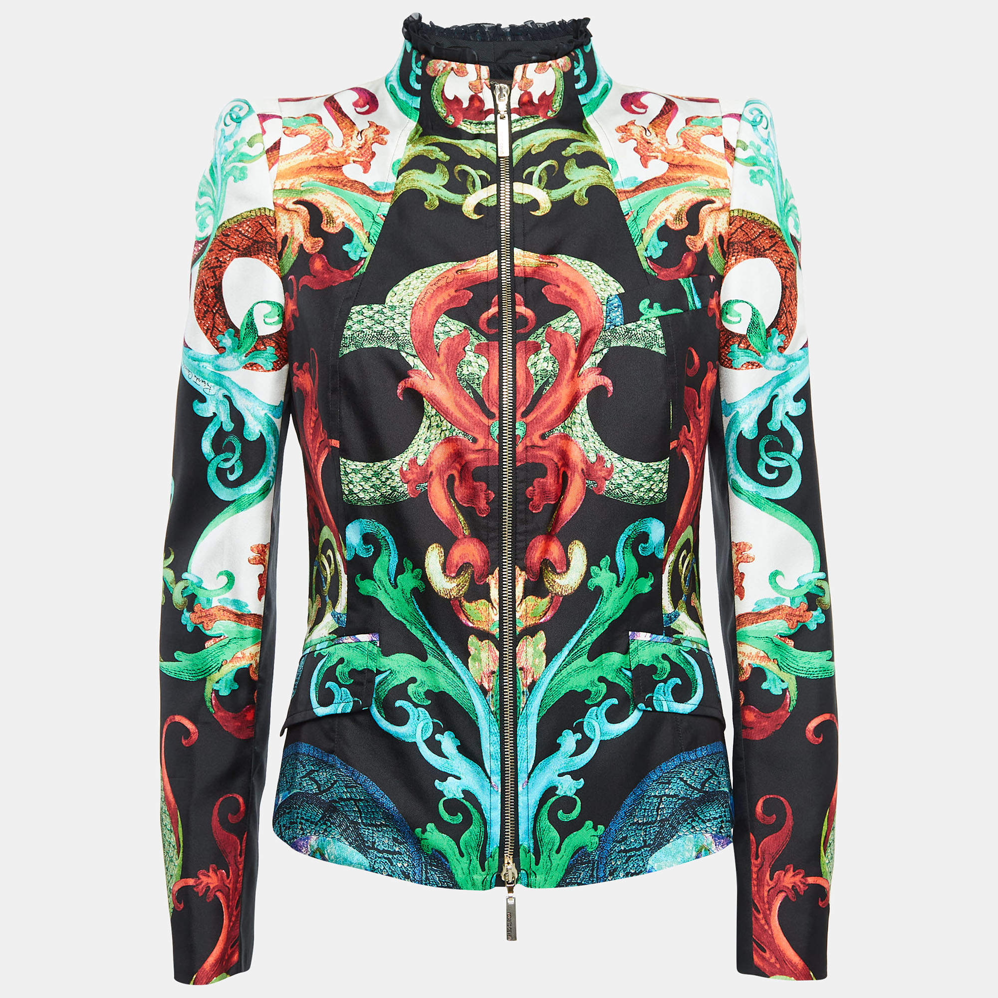 Pre Owned Roberto Cavalli Multicolor Printed Silk Ruffle Detail Jacket M