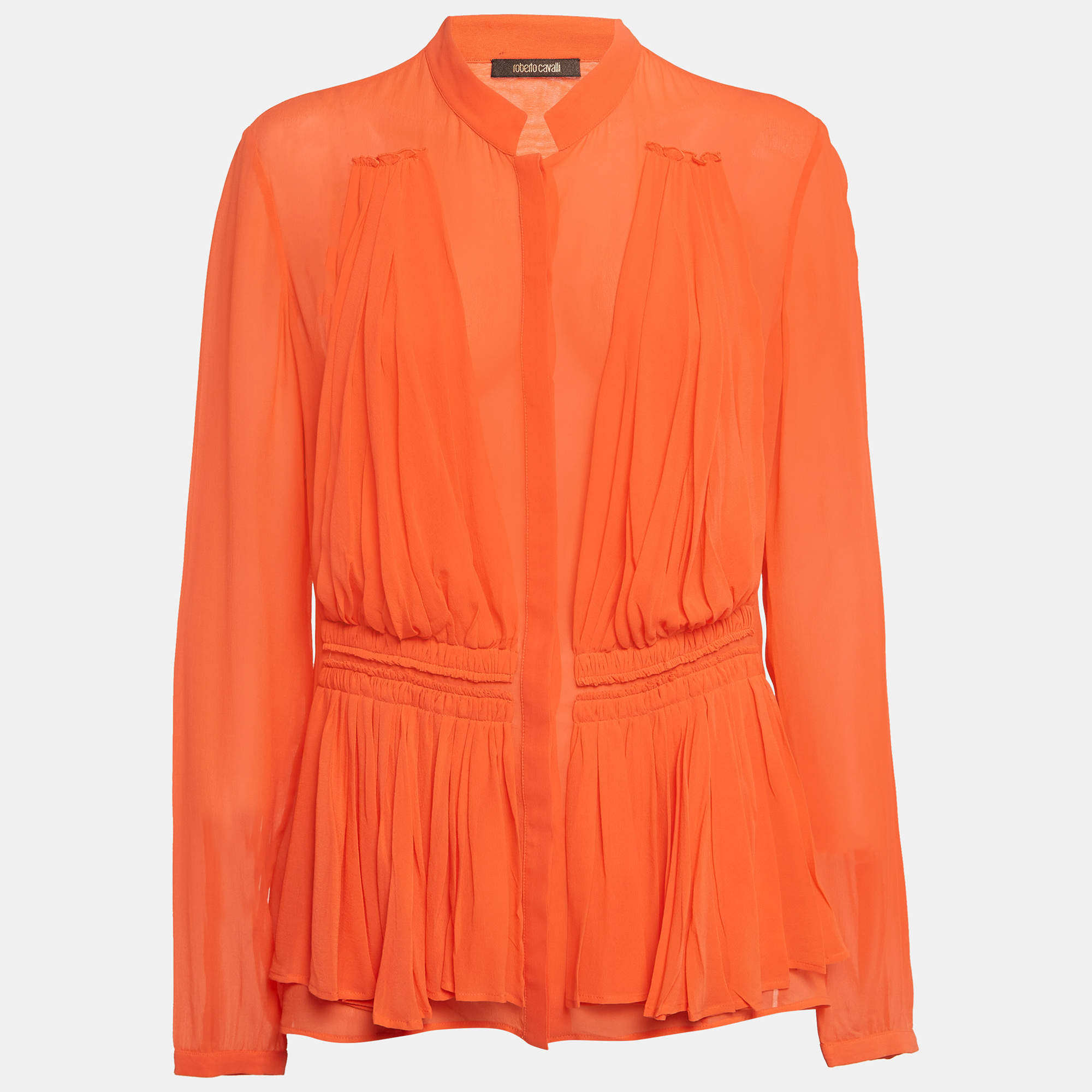 Pre Owned Roberto Cavalli Light Orange Silk Pleated Blouse L