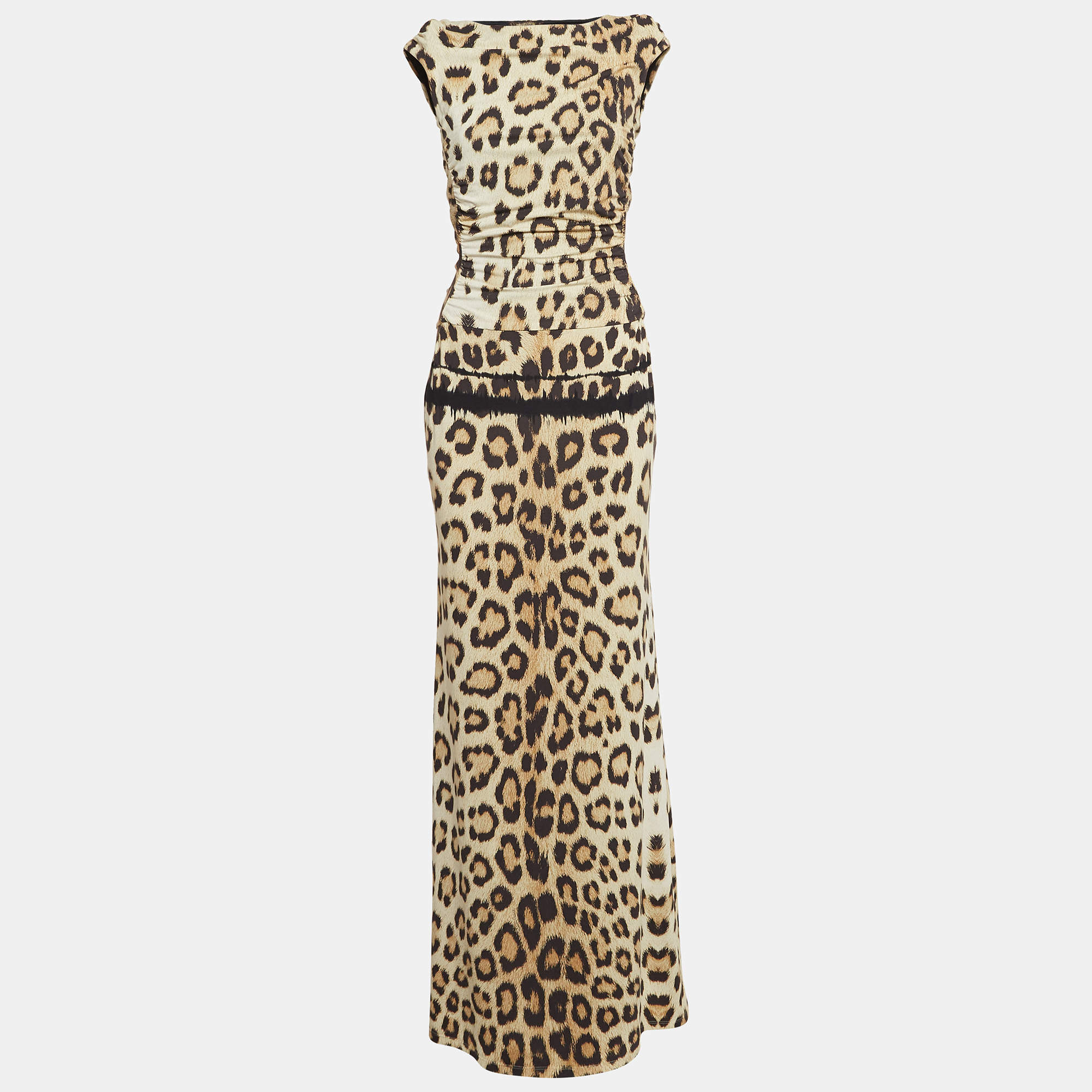 Pre Owned Roberto Cavalli Brown Leopard Print Jersey Cut Out Detail Maxi Dress M