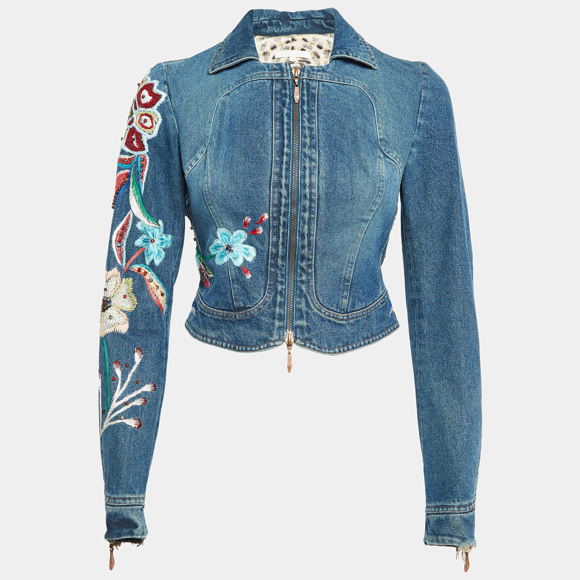 Pre Owned Roberto Cavalli Blue Denim Embroidered Crop Denim Jacket S