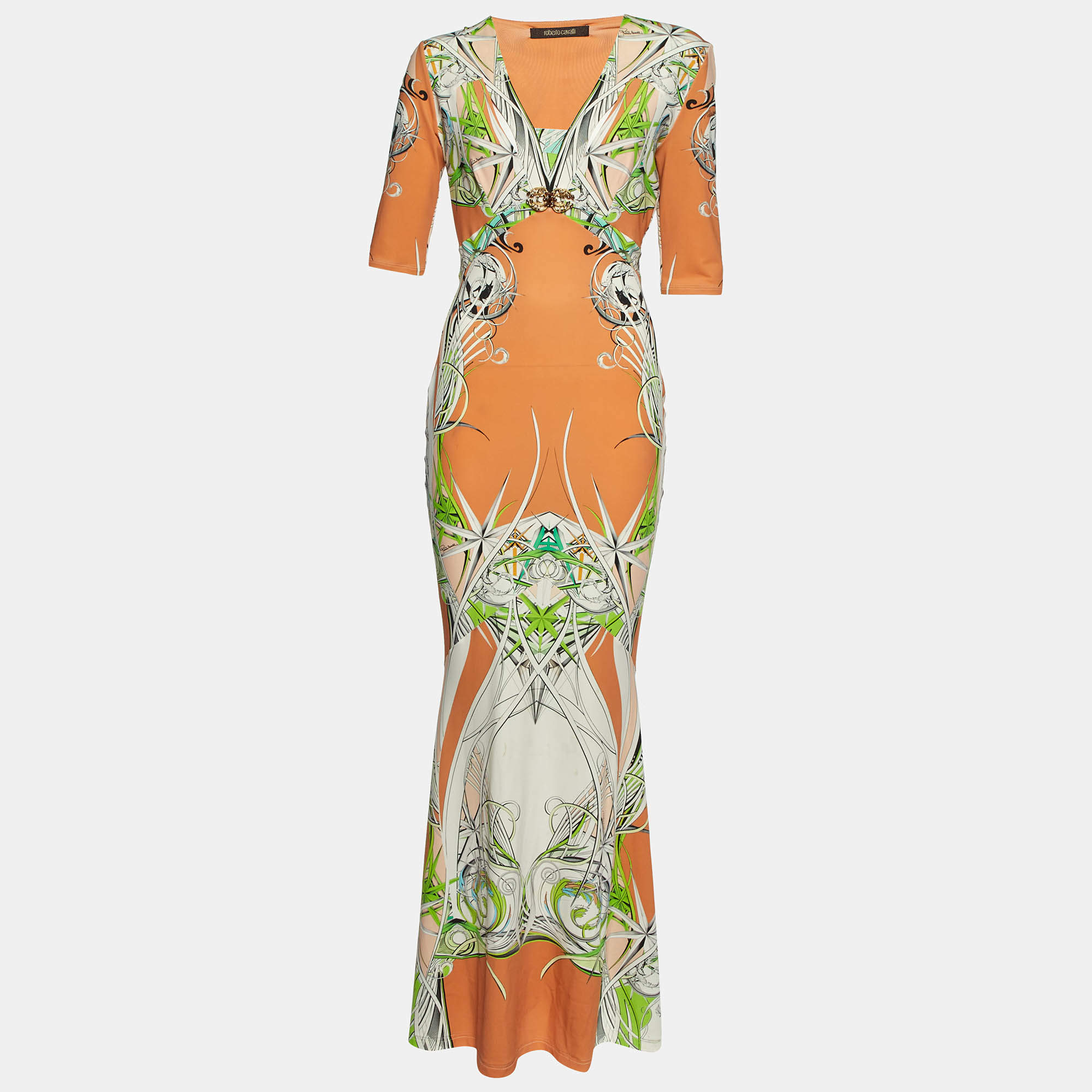 مملوكة مسبقًا Roberto Cavalli Orange Printed Jersey Maxi Dress M