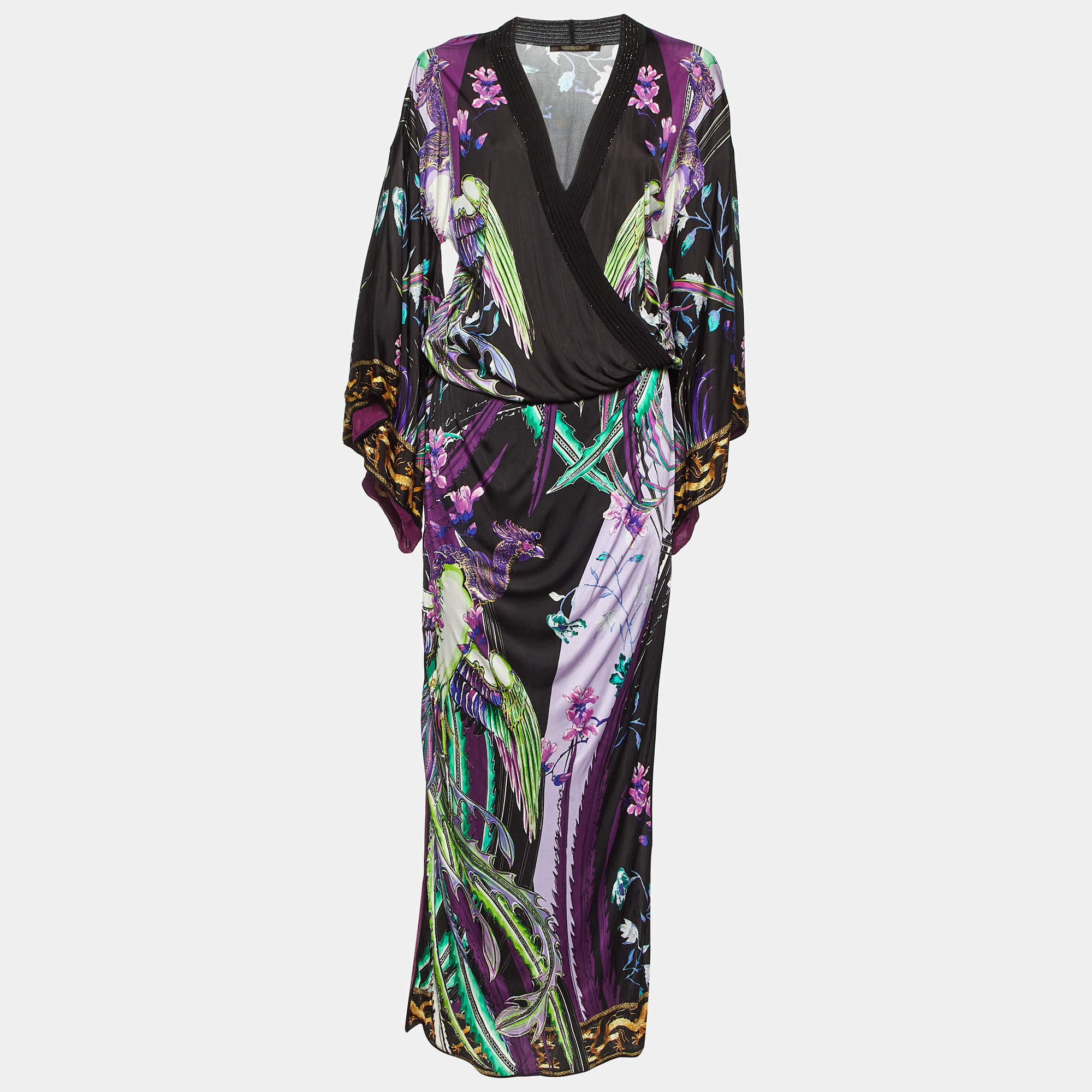 Pre Owned Roberto Cavalli Black Floral Print Jersey Kaftan Maxi Dress S