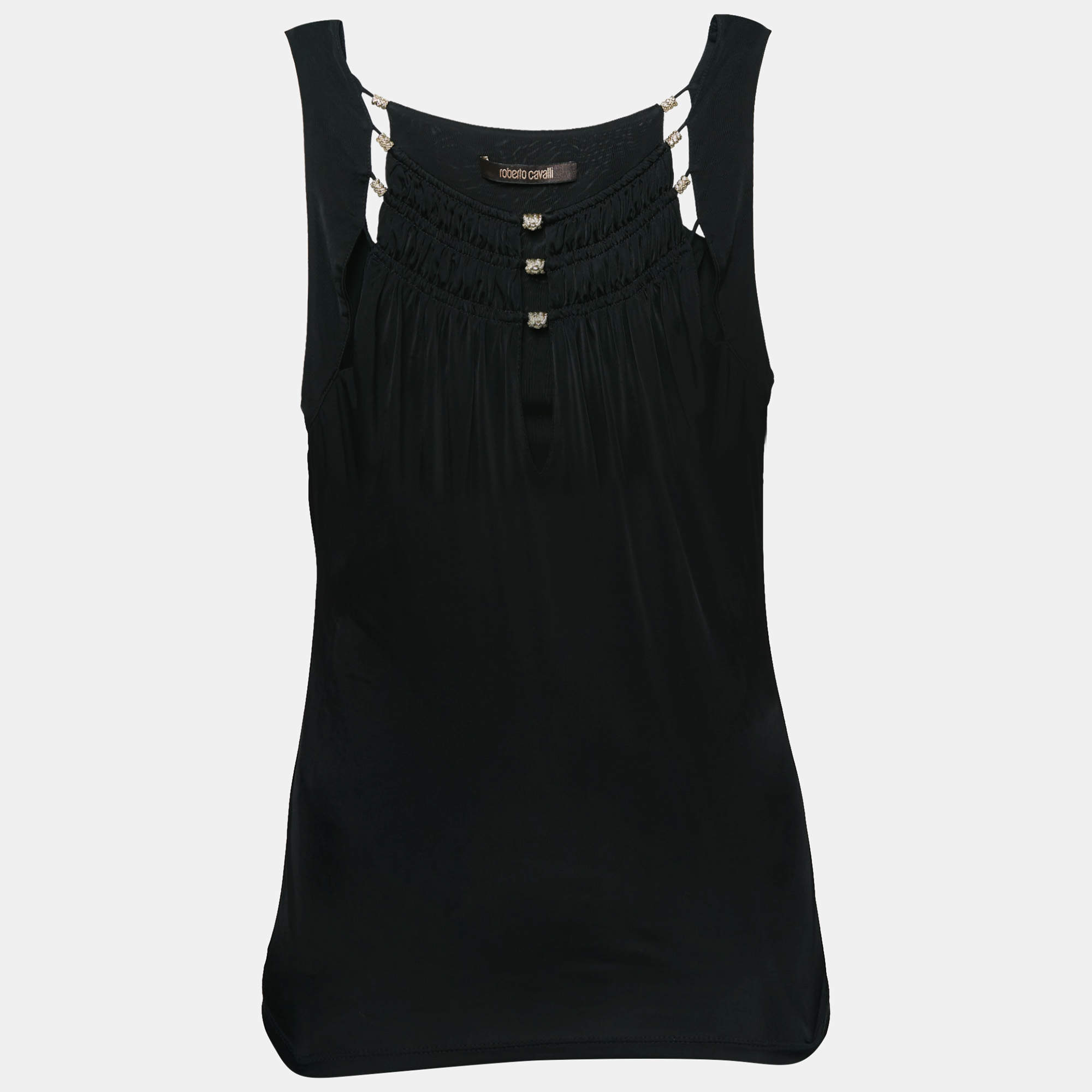 Pre Owned Roberto Cavalli Black Jersey Ruffle Detail Top M