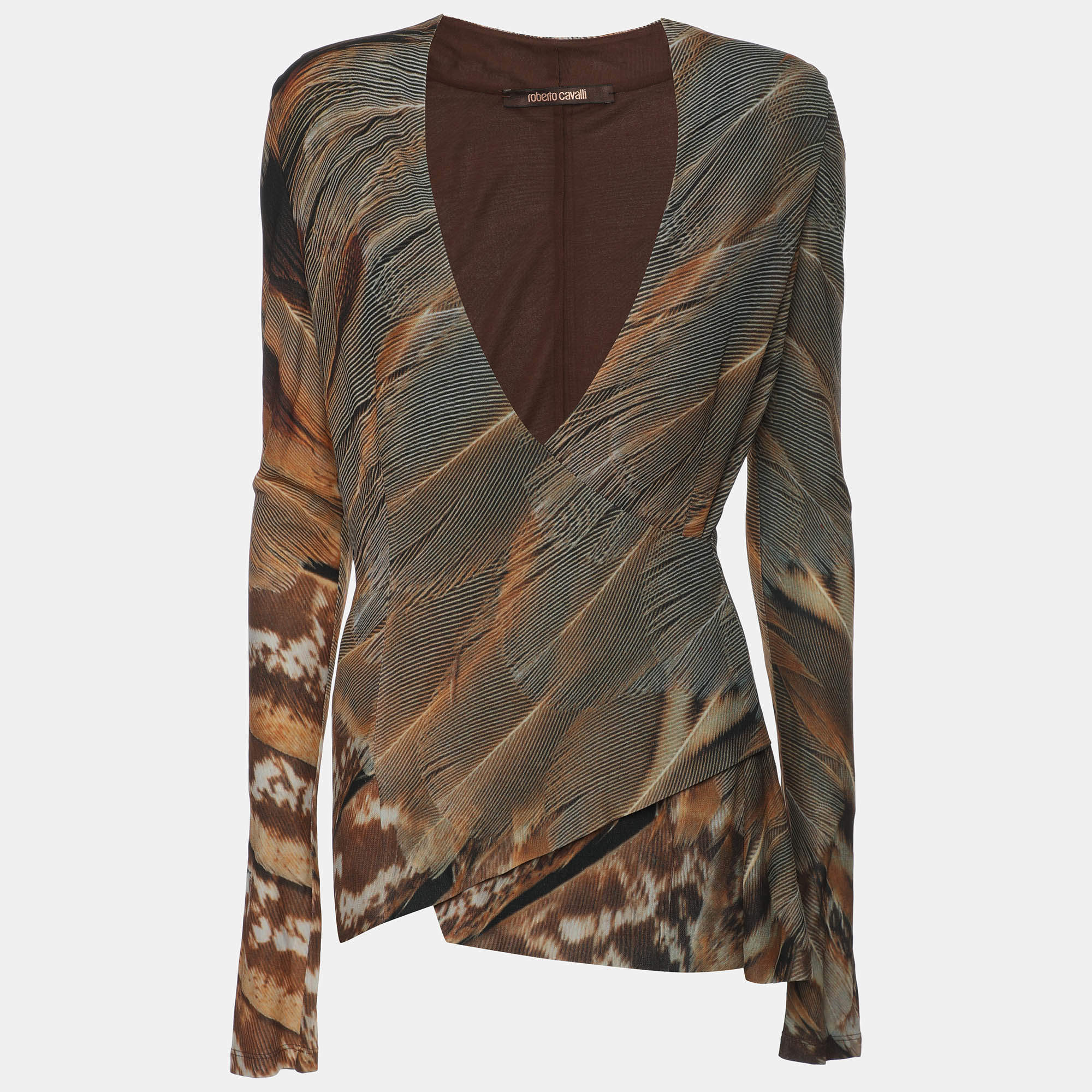 Pre Owned Roberto Cavalli Brown Printed Jersey Full Sleeves Top S