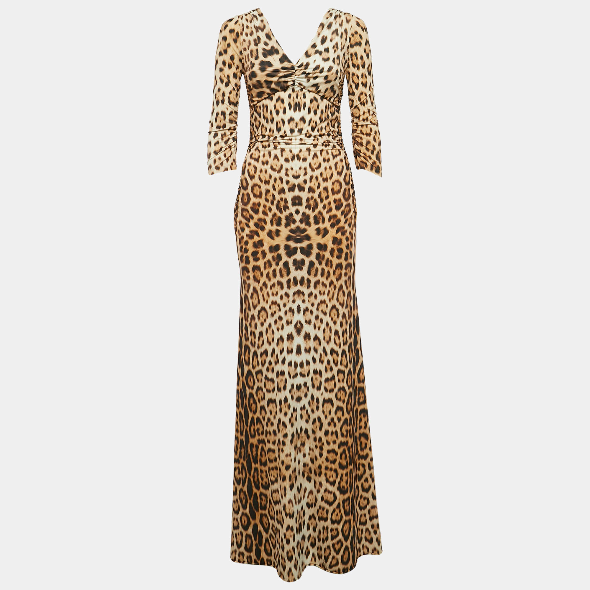 Pre Owned Roberto Cavalli Brown Leopard Print Jersey Ruched Maxi Dress S