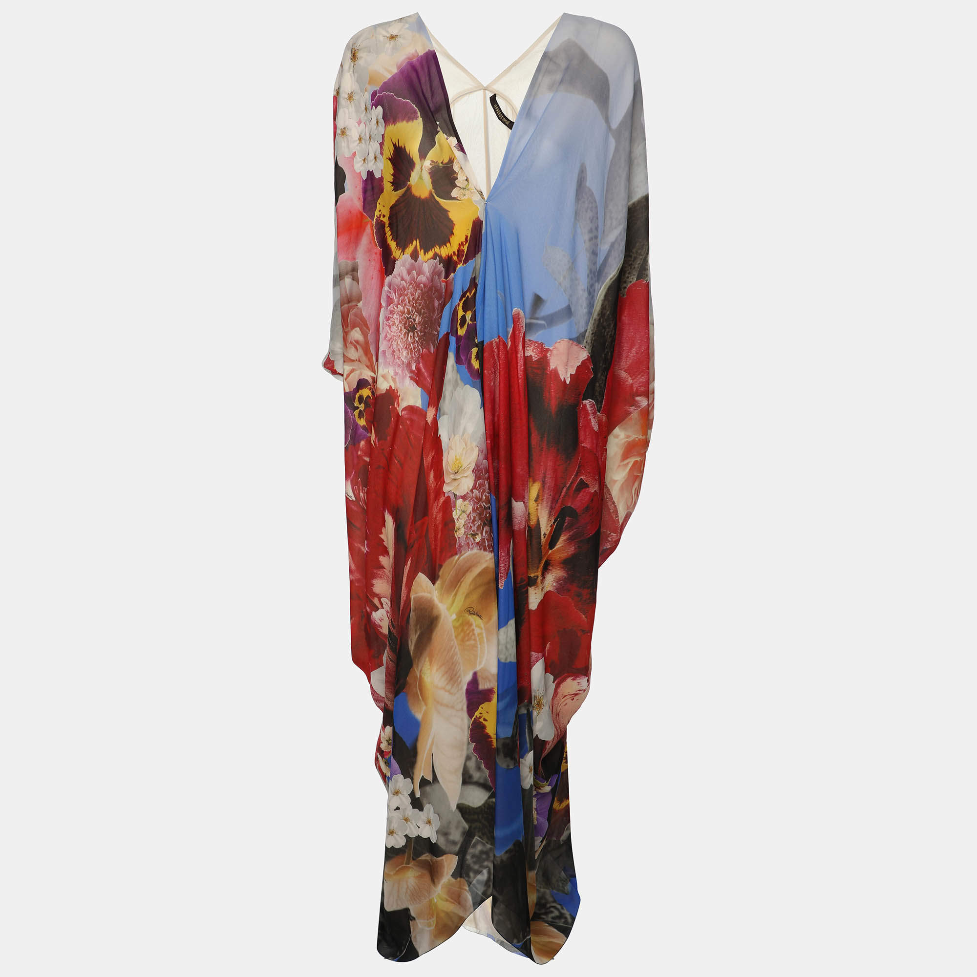 Pre Owned Roberto Cavalli Multicolor Floral Print Silk Kaftan Maxi Dress M