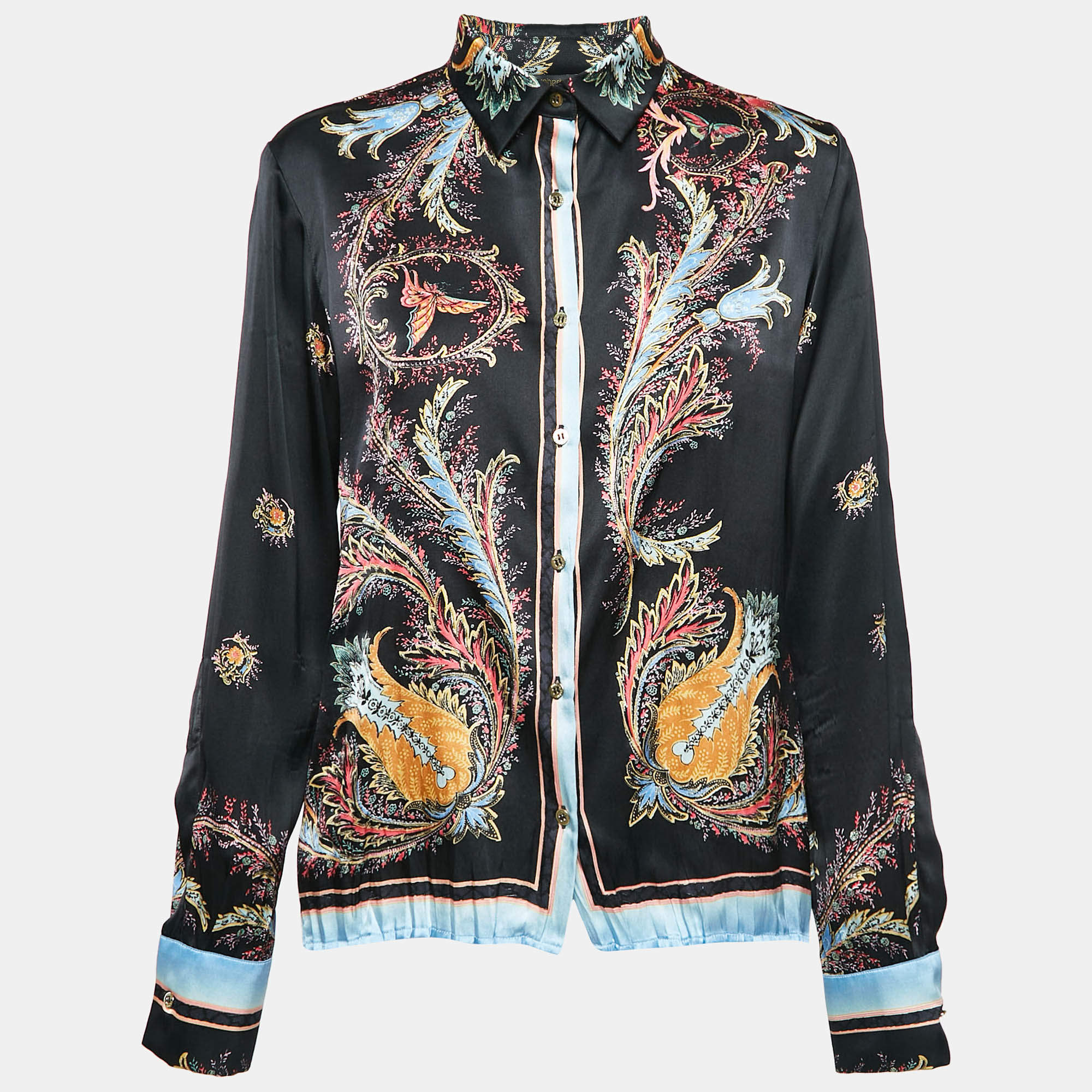 Pre Owned Roberto Cavalli Vintage Black Printed Silk Full Sleeve Shirt M