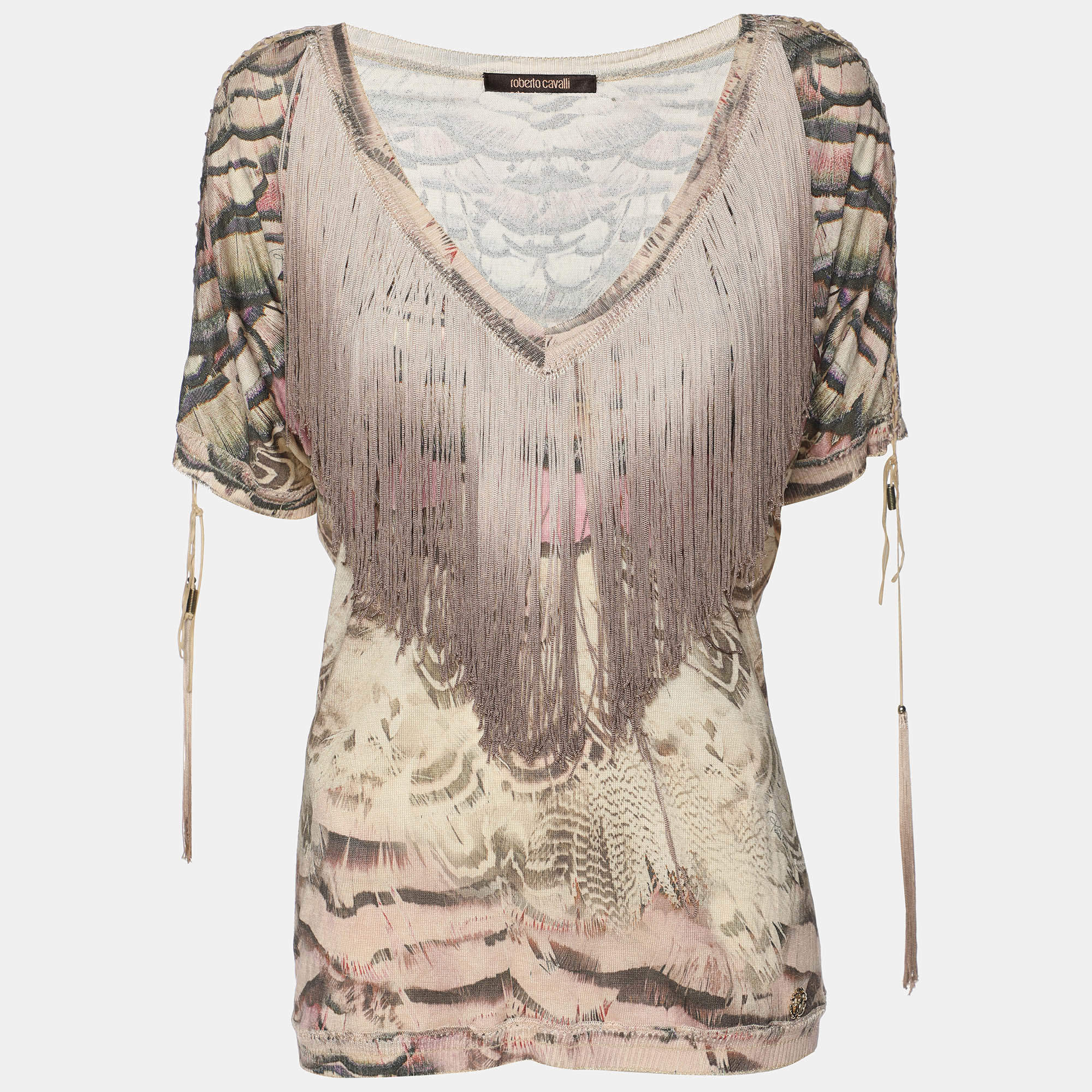 Pre Owned Roberto Cavalli Multicolor Printed Silk Fringed Neckline V-Neck Top XL