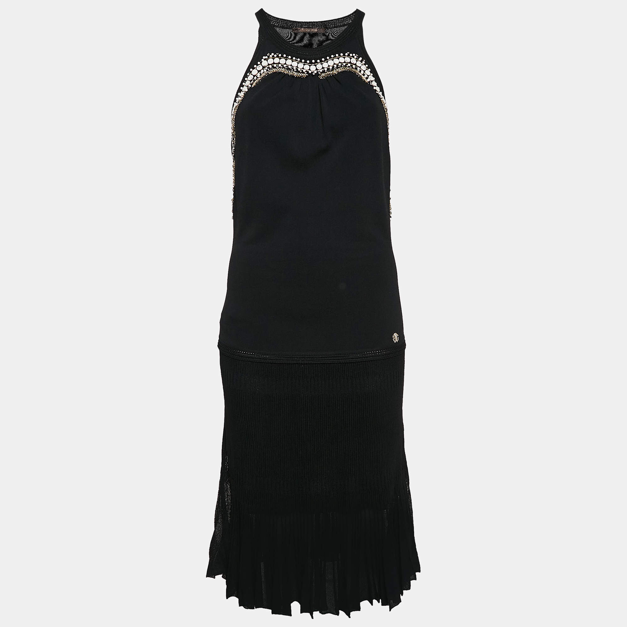 Pre Owned Roberto Cavalli Black Embellished Jersey Sleeveless Midi Dress M