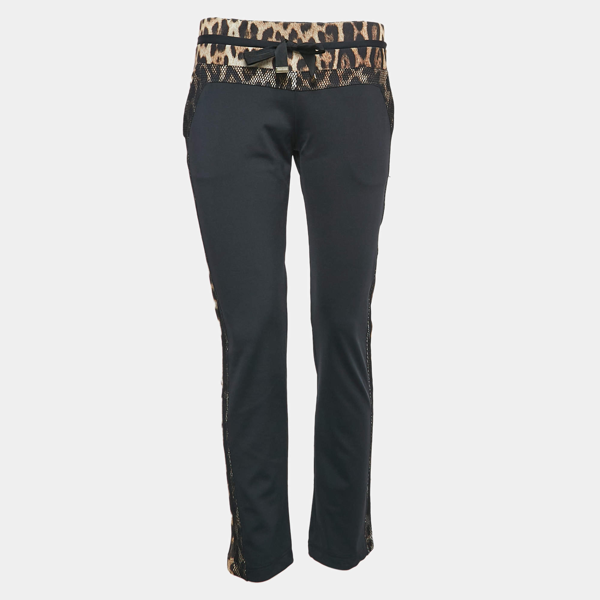 Pre Owned Roberto Cavalli Gym Black Leopard Print Jersey Track Pants L