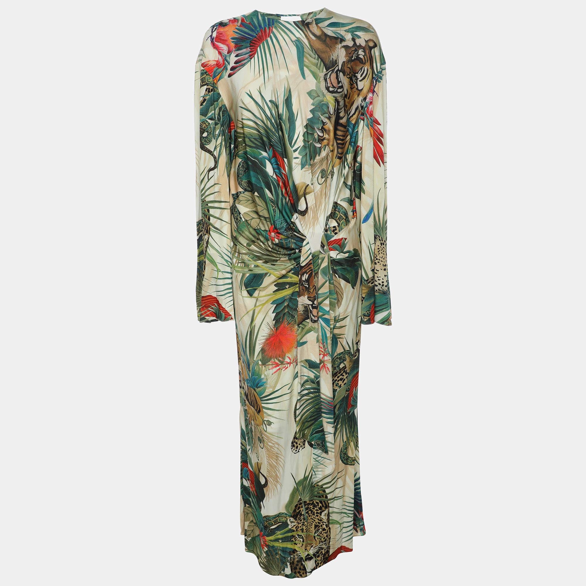 Pre Owned Roberto Cavalli Multicolor Jungle Print Belted Midi Dress L