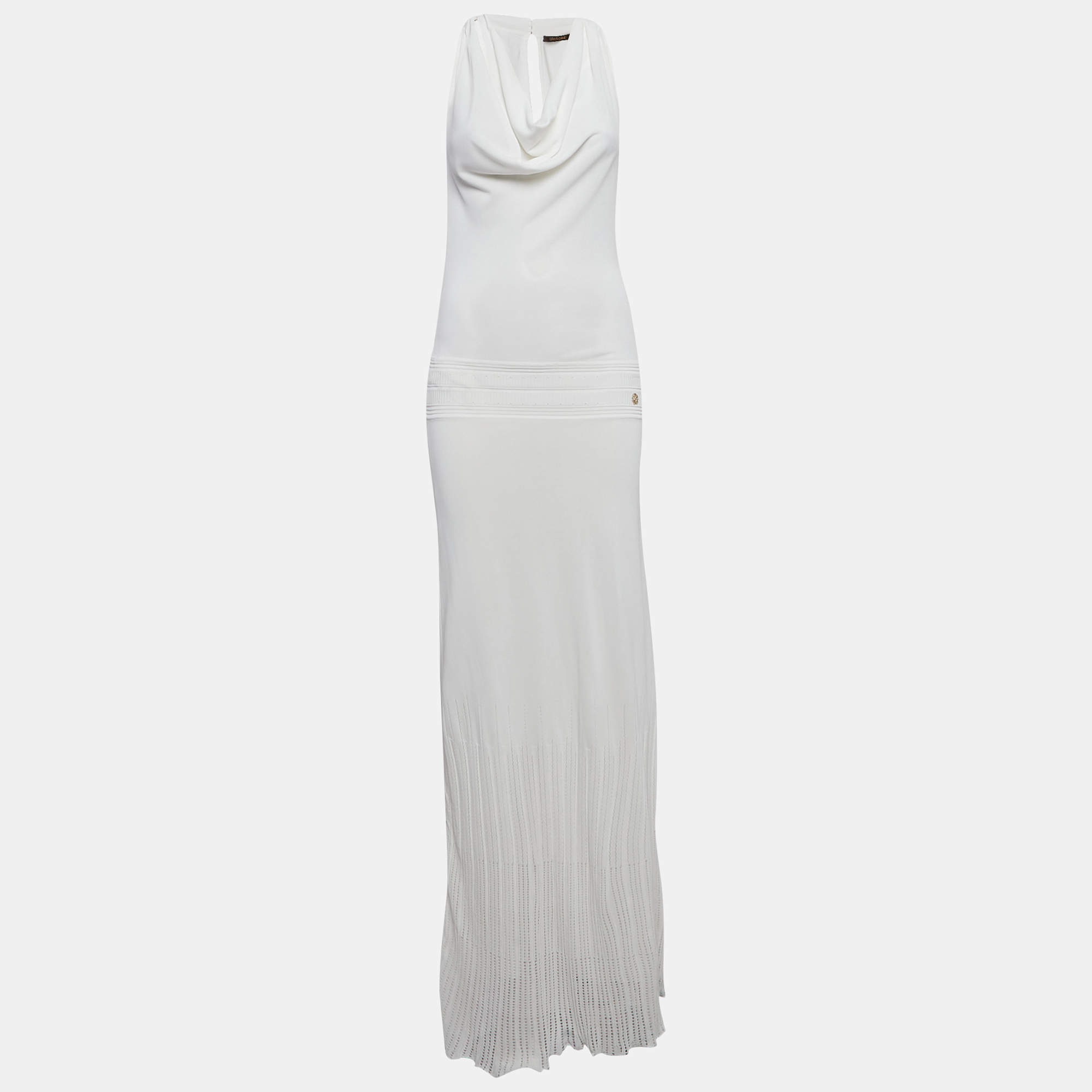 Pre Owned Roberto Cavalli White Pointelle Knit Cowl Neck Maxi Dress S
