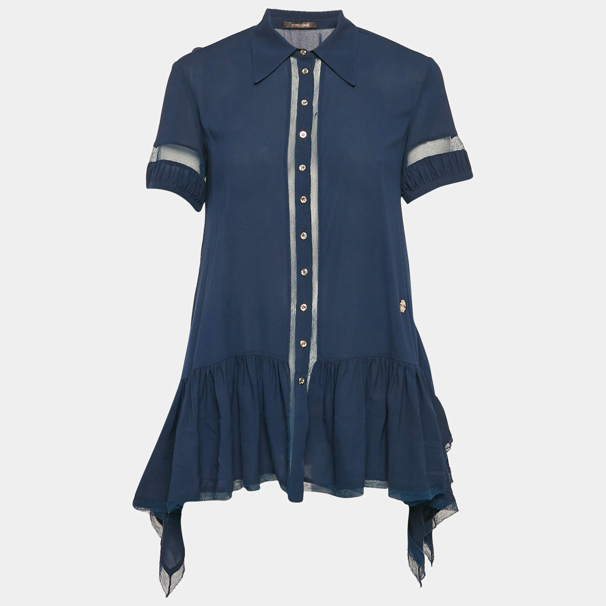 Pre Owned Roberto Cavalli Blue Mesh Insert Silk Gathered Asymmetric Shirt S