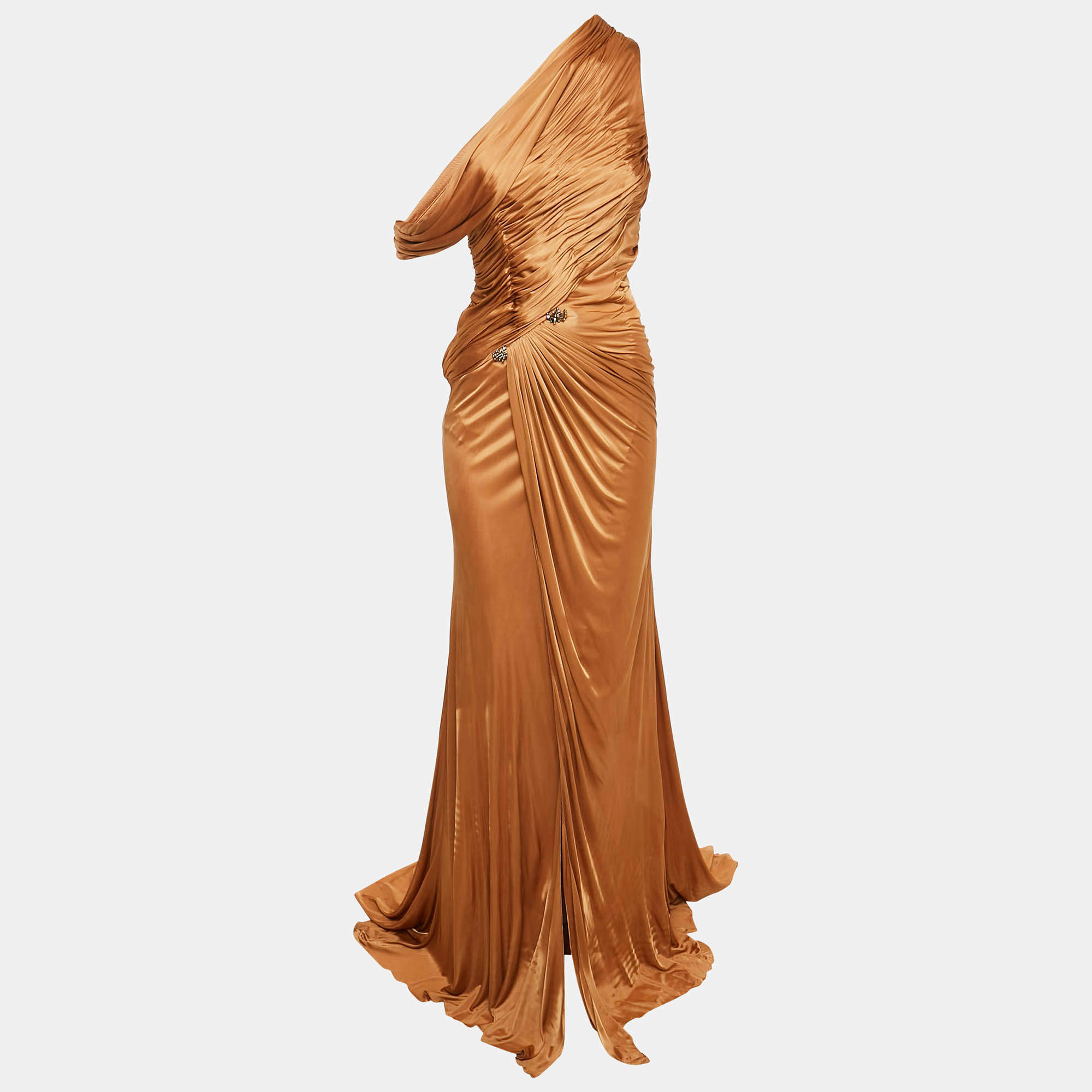 مملوكة مسبقًا Roberto Cavalli Brown Jersey Brooches Detail Maxi Dress S