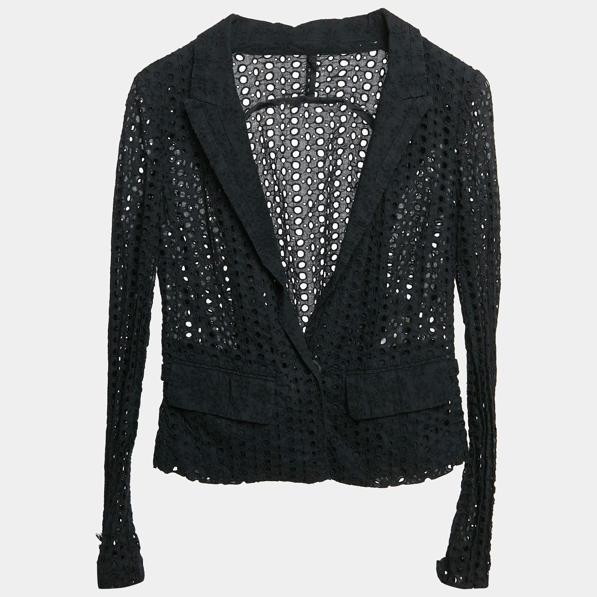 Pre Owned Roberto Cavalli Black Cutwork Cotton Button Front Blazer M