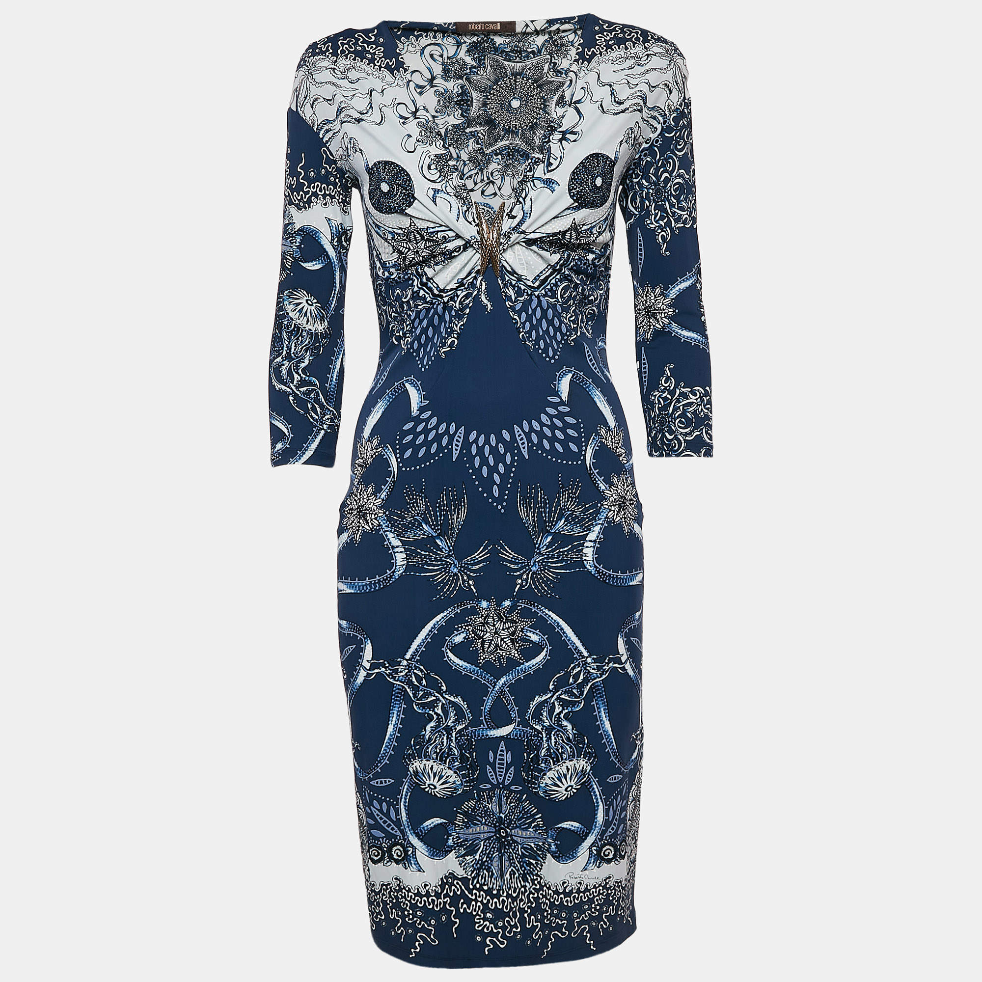Pre Owned Roberto Cavalli Blue Printed Jersey Brooch Detail Midi Dress M