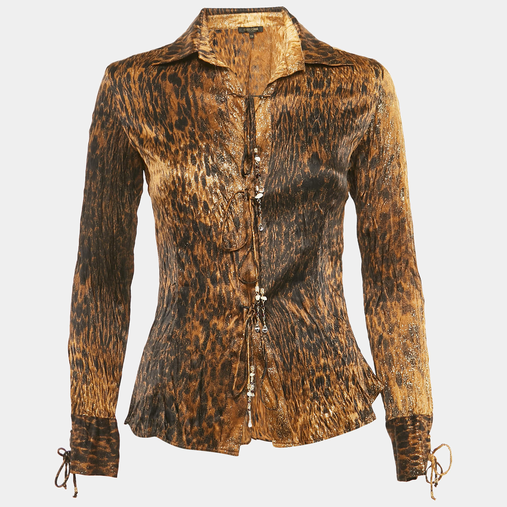 Pre Owned Roberto Cavalli Brown Leopard Print Tie-Up Detail Blouse XS