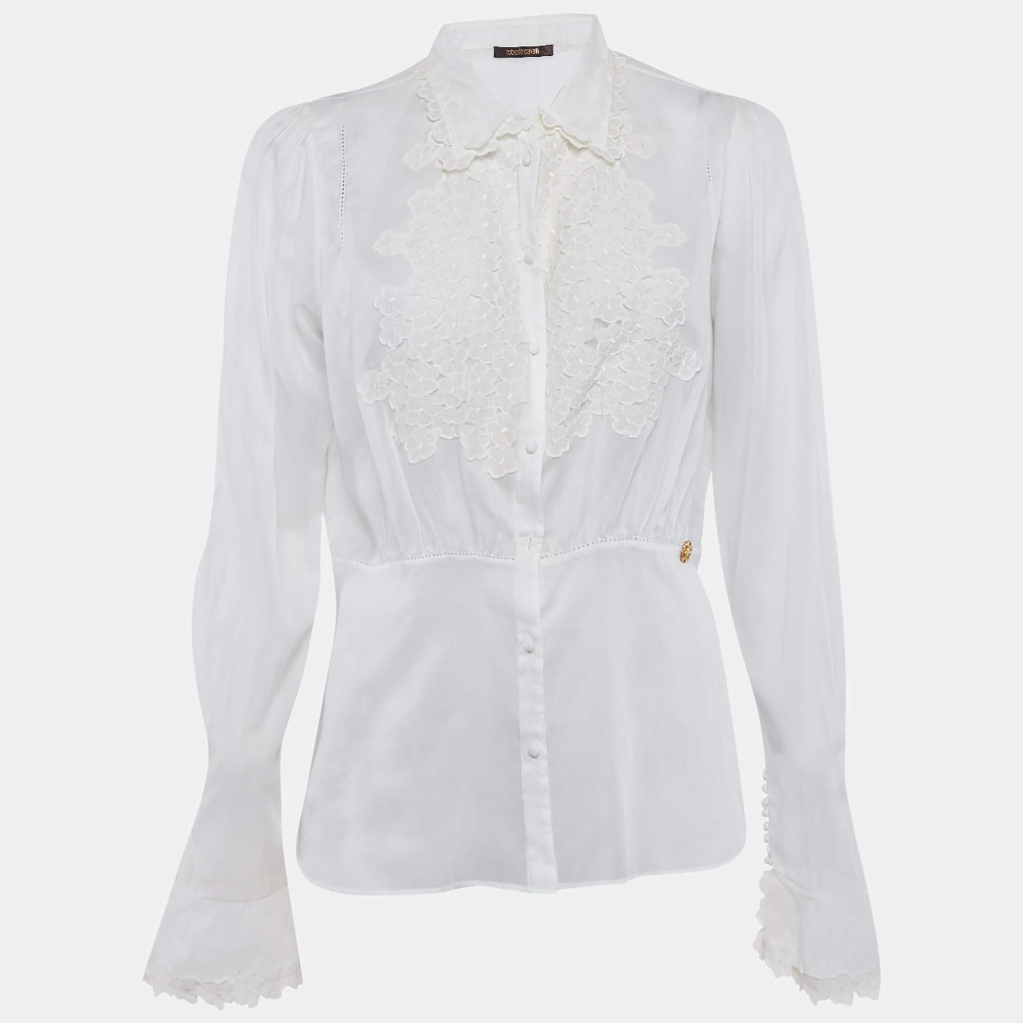 Pre Owned Roberto Cavalli Off-White Cambric Cotton Floral Lace Trimmed Blouse L