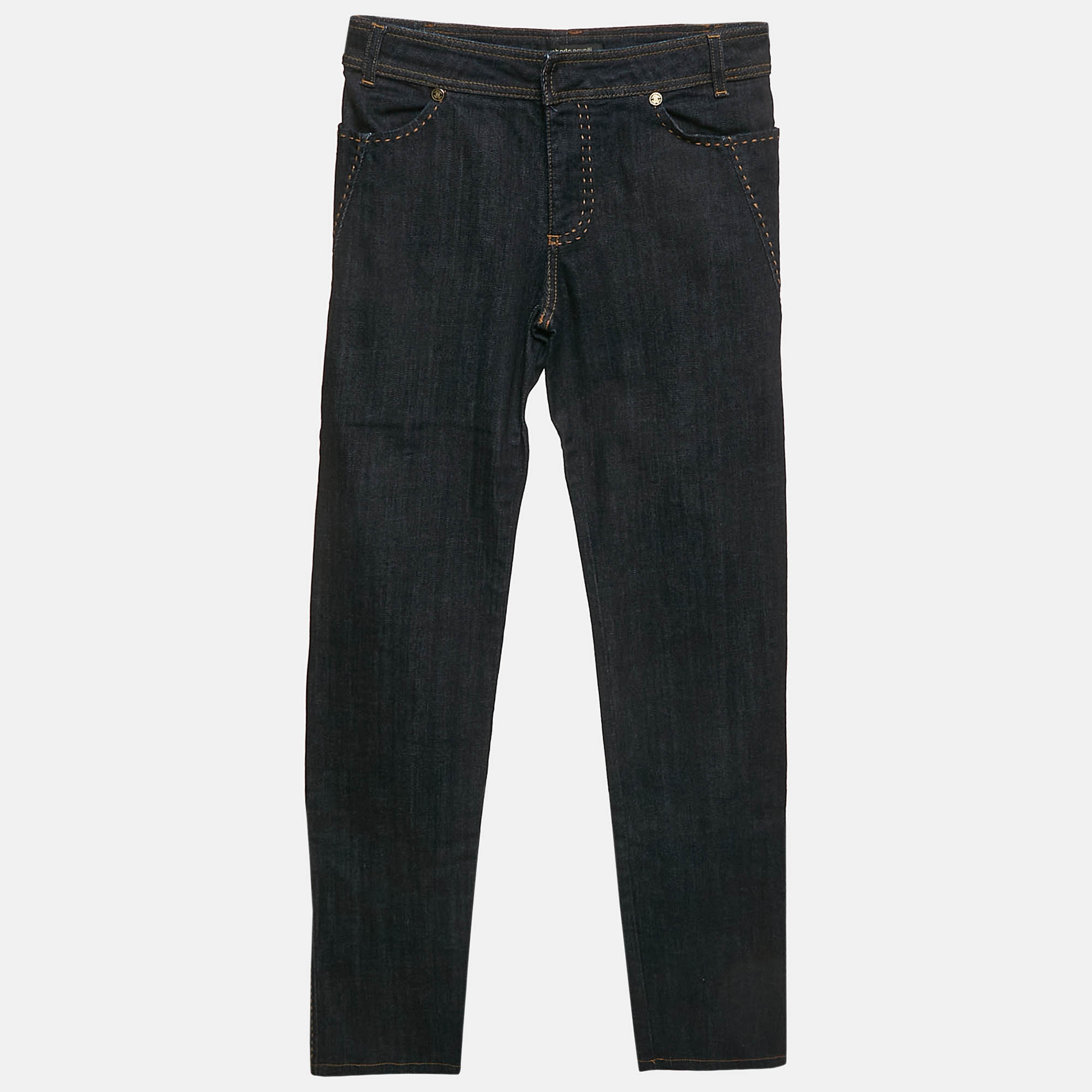 Pre Owned Roberto Cavalli Navy Blue Denim Embroidered Straight Leg Jeans S Waist 25"