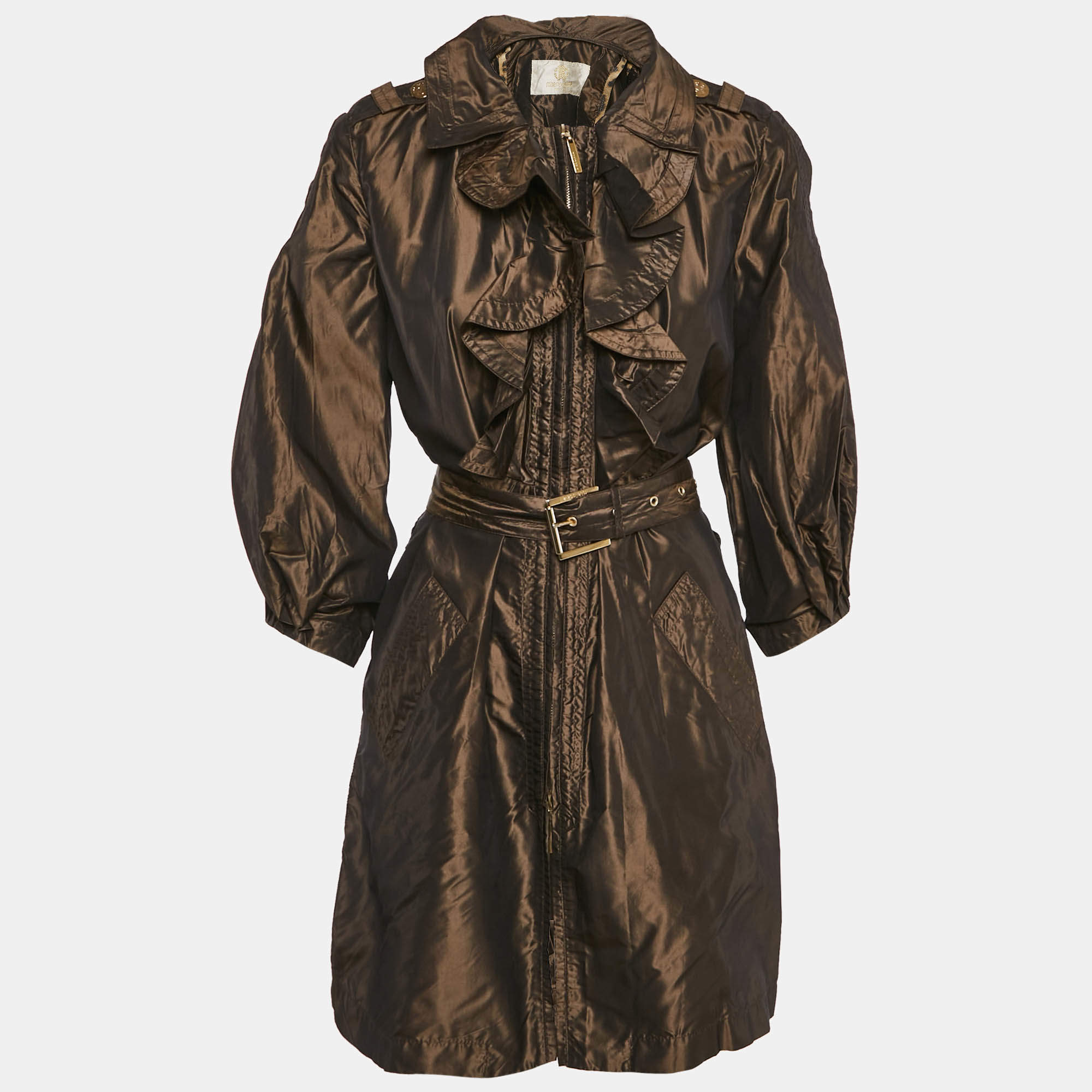 Pre Owned Roberto Cavalli Metallic/Brown Silk Ruffled Zip-Up Trench Coat M
