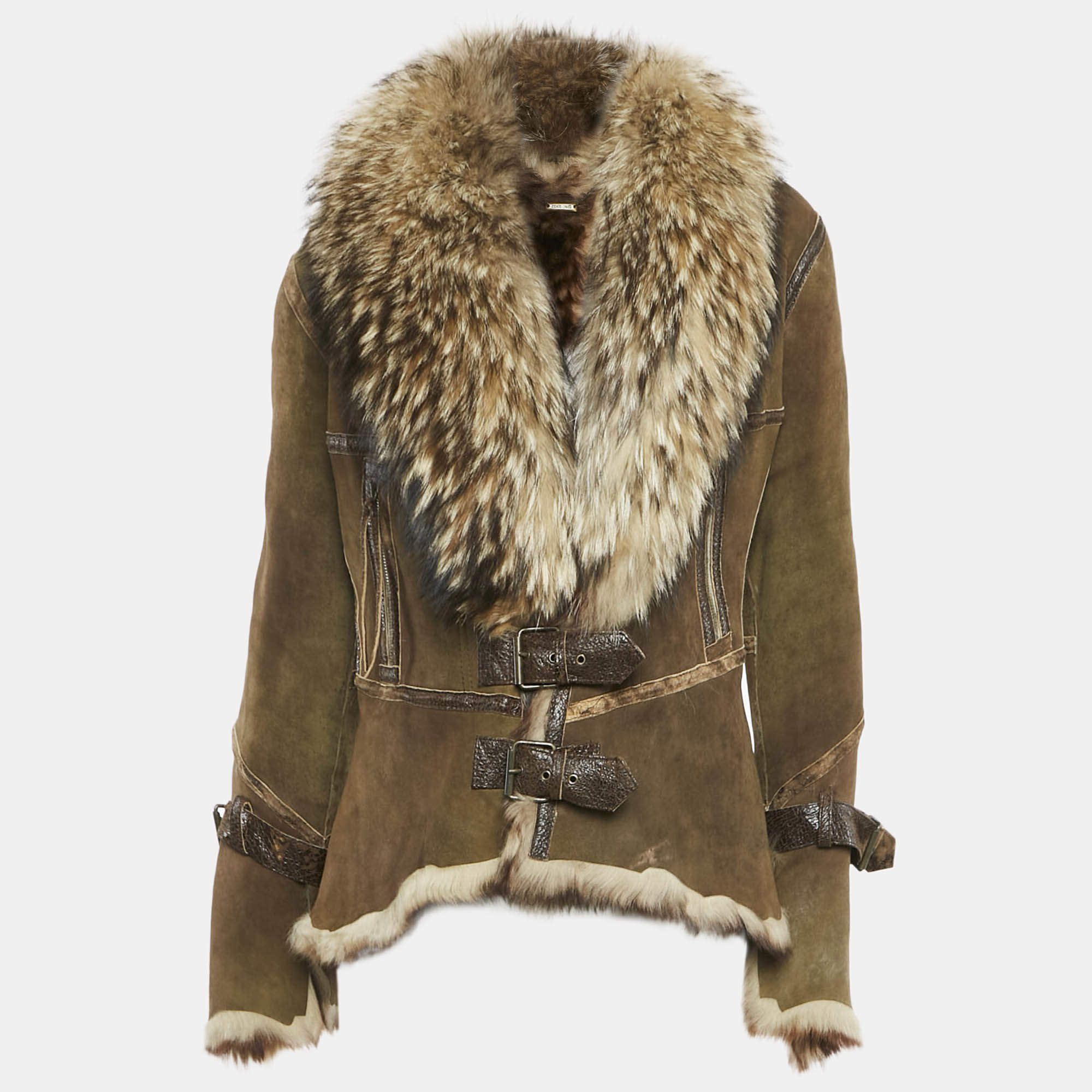 Pre Owned Roberto Cavalli Khaki Suede and Fox Fur Jacket S
