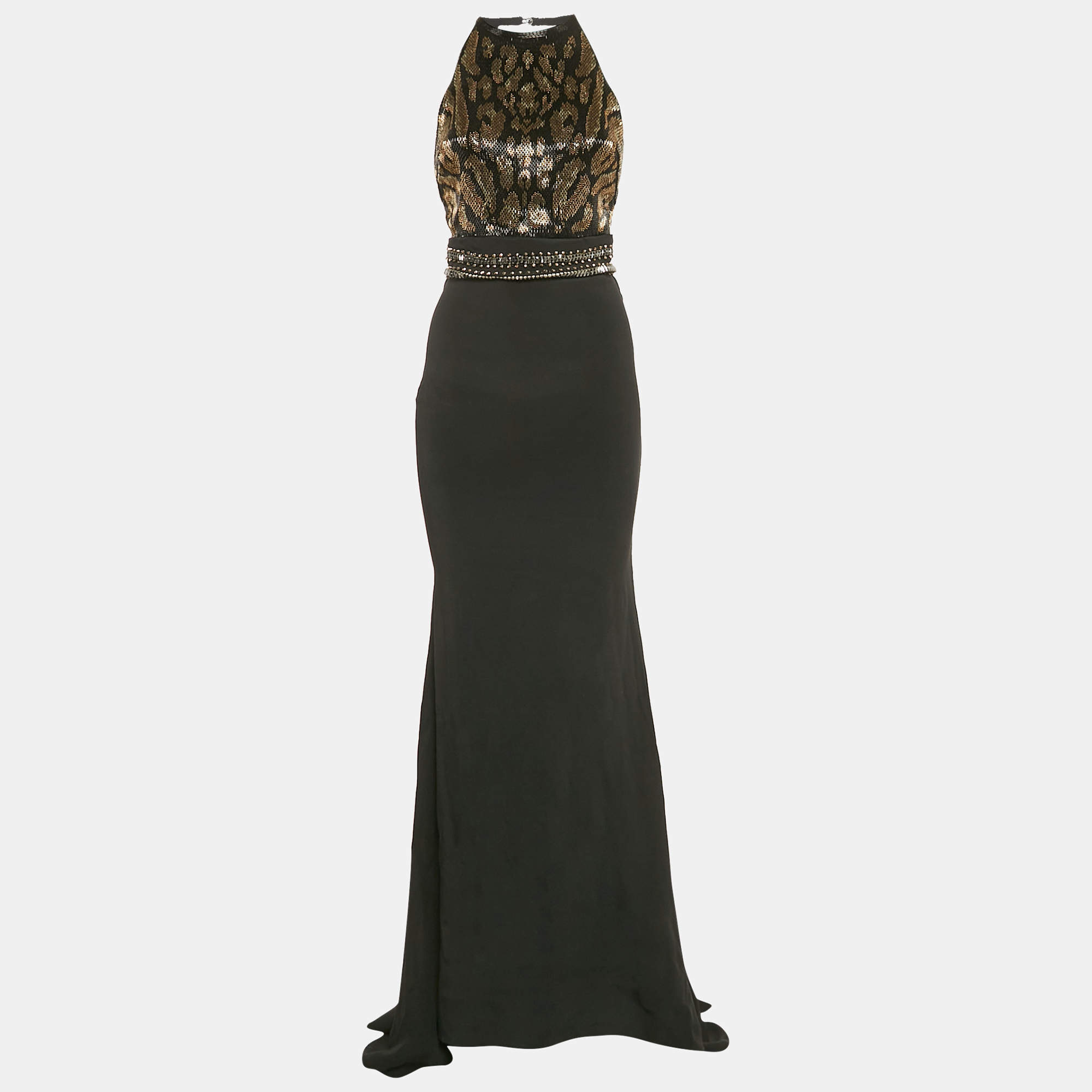 Roberto Cavalli Black Embellished Crepe Sleeveless Gown S