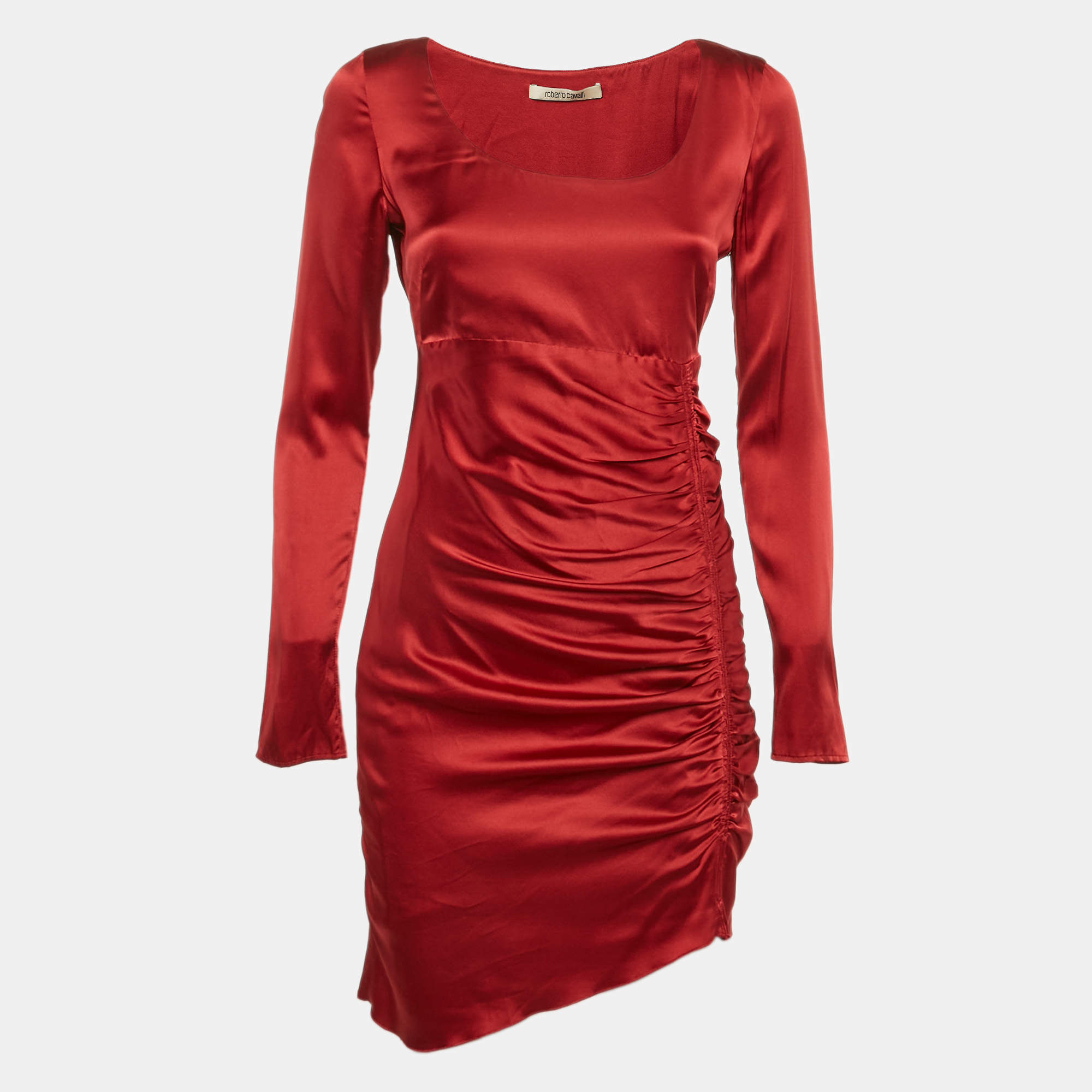 مملوكة مسبقًا Roberto Cavalli Red Satin Silk Ruched Mini Dress S