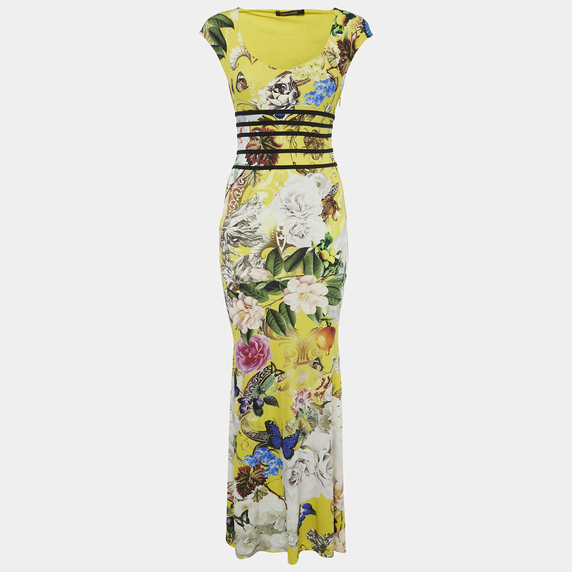 Pre Owned Roberto Cavalli Yellow Multicolor Printed Jersey Long Dress S