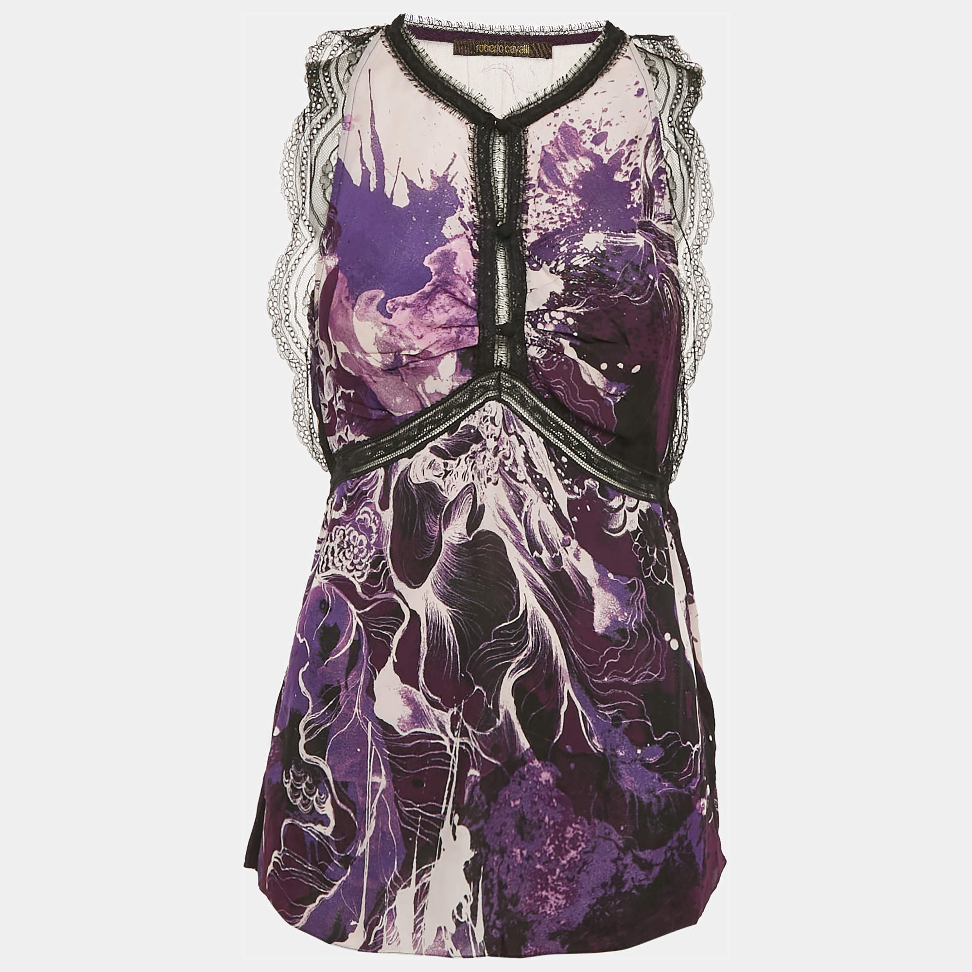 Pre Owned Roberto Cavalli Purple/Multicolor Printed Lace Trim Detail Top S