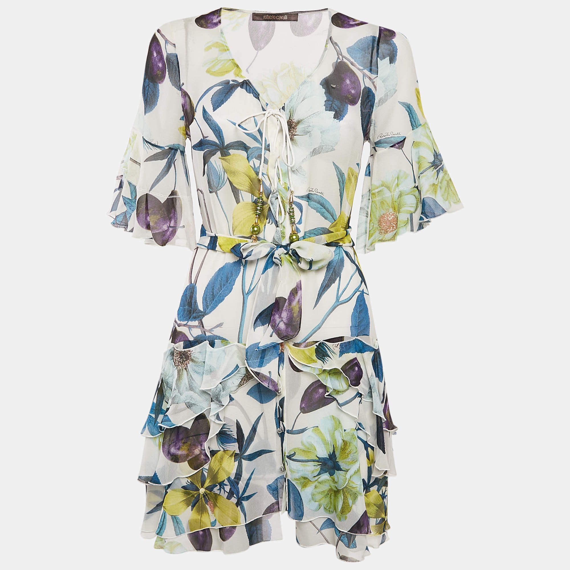 مملوكة مسبقًا Roberto Cavalli Multicolor Floral Print Silk Ruffle Belted Dress S