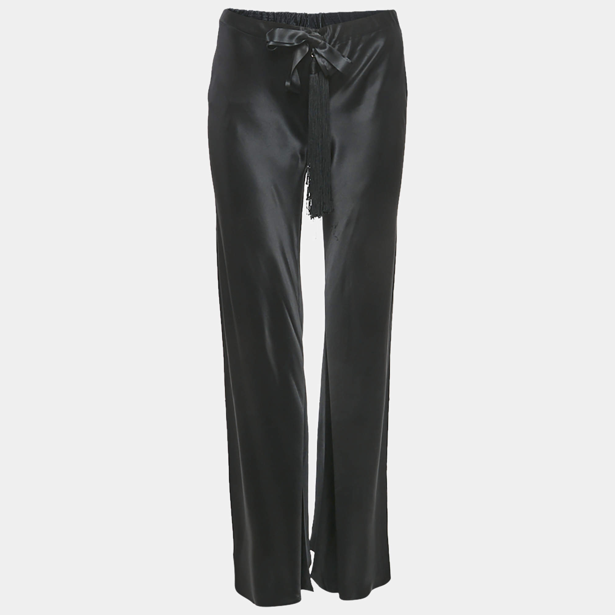 Roberto Cavalli Black Satin Silk Tassels Drawstring Flared Trousers S